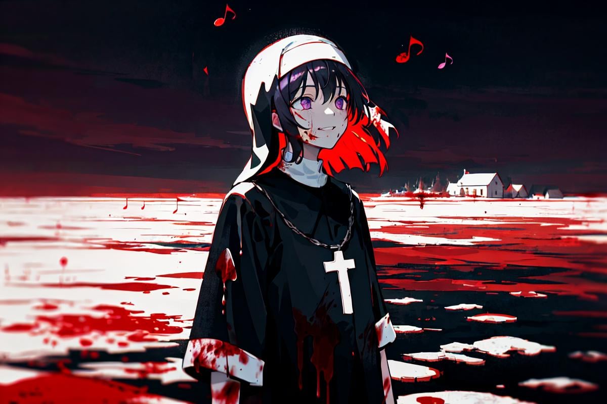 detailed,highres,best quality,masterpiece,illustration,wallpaper,backlighting,panorama,evocative,(chromatic aberration),dazzling (blood glow) AND (dim) sky,(floating blood snow),ocean,great plains,cinematic angle,cowboy shot,medium shot,long shot,1girl,nun,solo focus,looking away,music note,purple eyes,empty eyes,smileblack hair,smile,(blood splattered everywher),