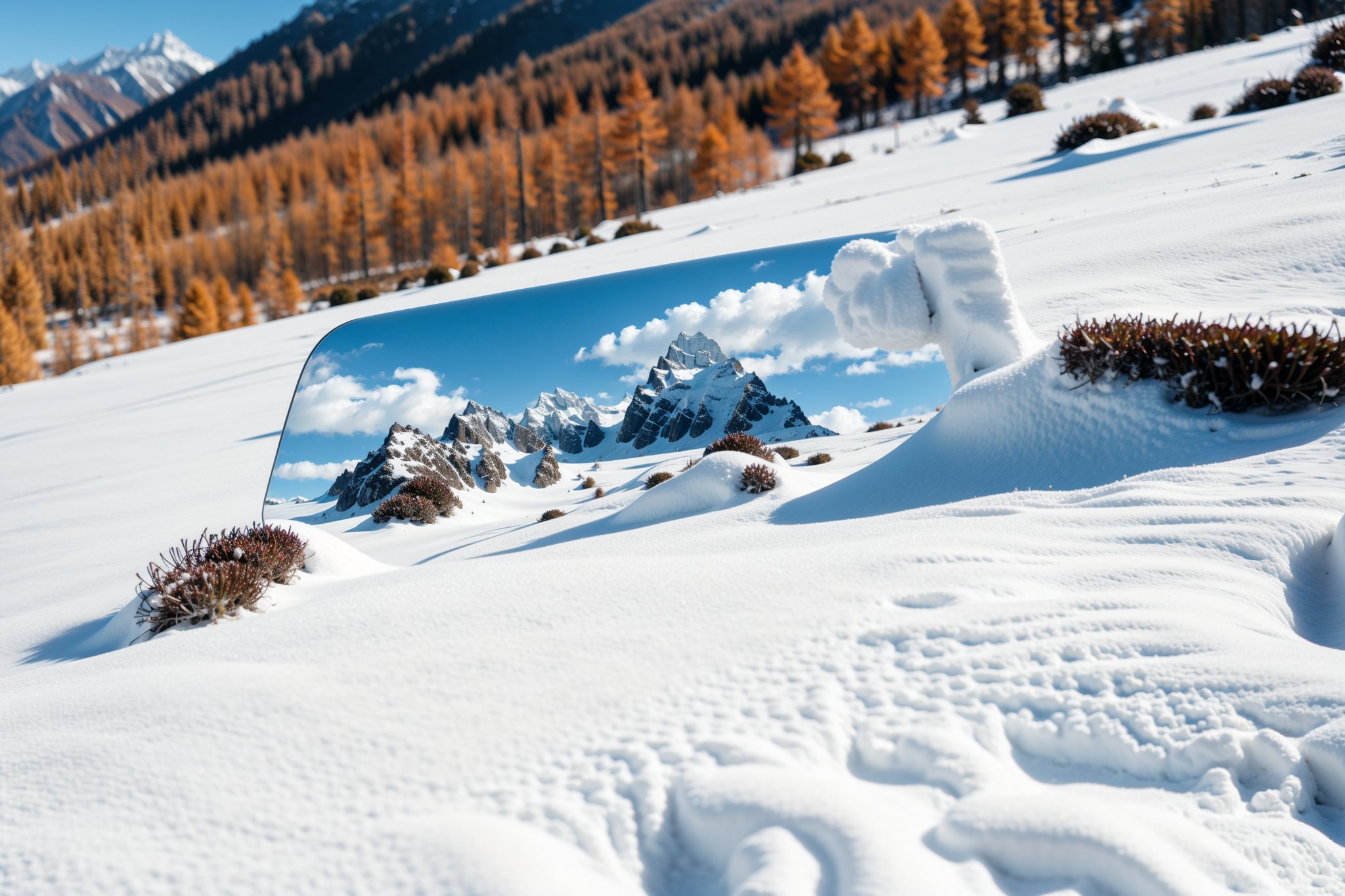 outdoors, sky, day, signature, blue sky, no humans, scenery, snow, mountain, 8K,HDR,high resolution,(Masterpiece :1.3),(best quality :1.2),high quality,high detail,blurry background,