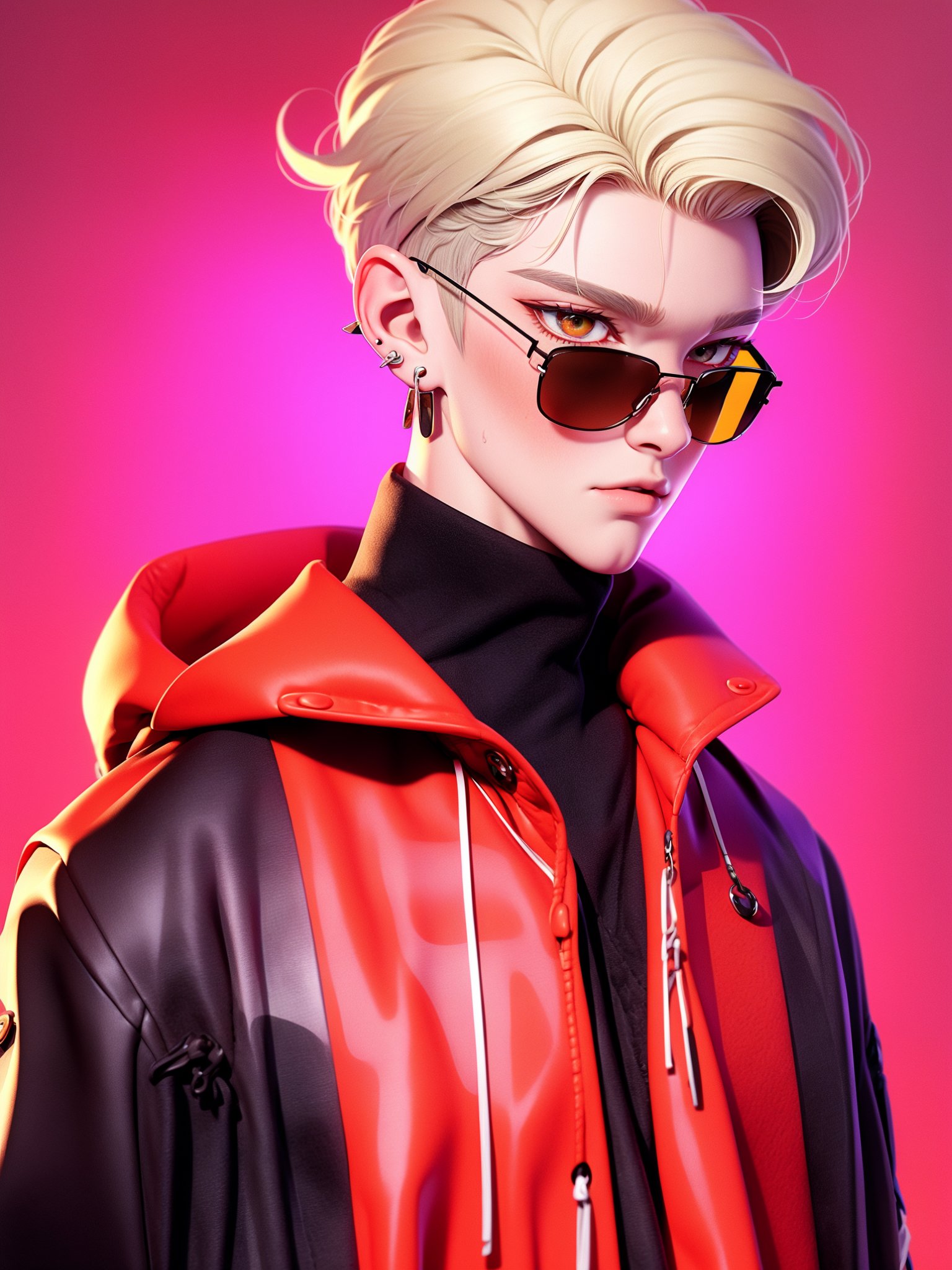 HTTP,fashion clothing, solo, 1boy, male focus, blonde hair,  earrings, pink background, upper body, sunglasses<lora:HTTP_20231126222943-000008:1>