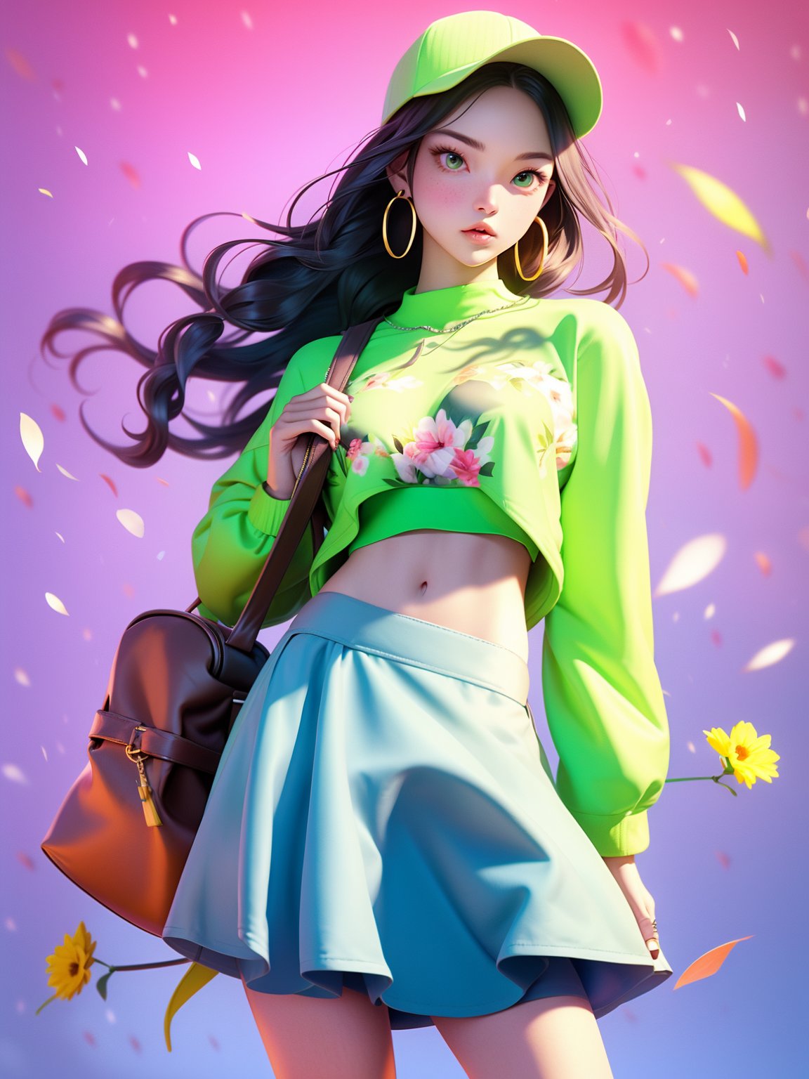 HTTP,fashion clothing, 1girl, solo, skirt, bag, long hair, earrings, hat, jewelry, pink background, flower, baseball cap, parted lips, brown hair, long sleeves, standing, looking at viewer, hoop earrings, crop top, midriff, green skirt, petals, shirt, lips<lora:HTTP_20231126222943-000010:1>