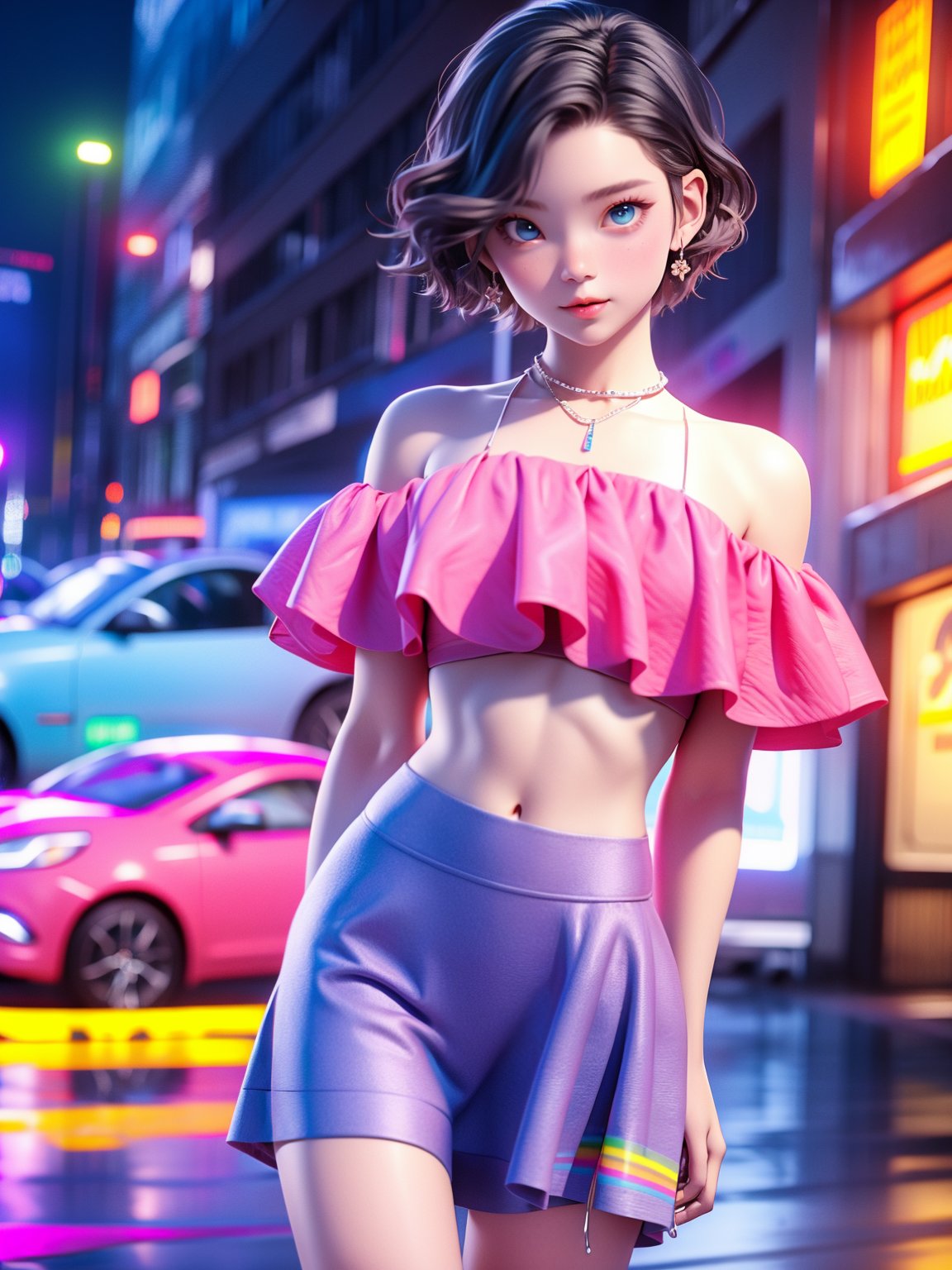 HTTP,fashion clothing, 1girl, solo, skirt, blue eyes, crop top, rainbow, short hair, midriff, looking at viewer, pink skirt, lips<lora:HTTP_20231126222943-000008:1>