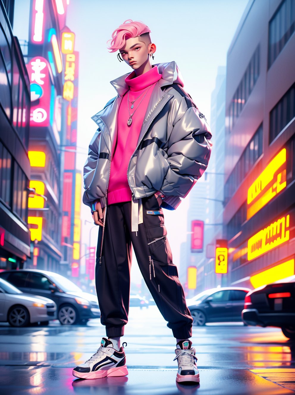 HTTP,fashion clothing, solo, pants, shoes, jewelry, 1boy, necklace, male focus, sneakers, full body, short hair, jacket, standing, fashion, pink hair, hands in pockets, long sleeves, looking at viewer, grey pants<lora:HTTP_20231126222943-000008:1>