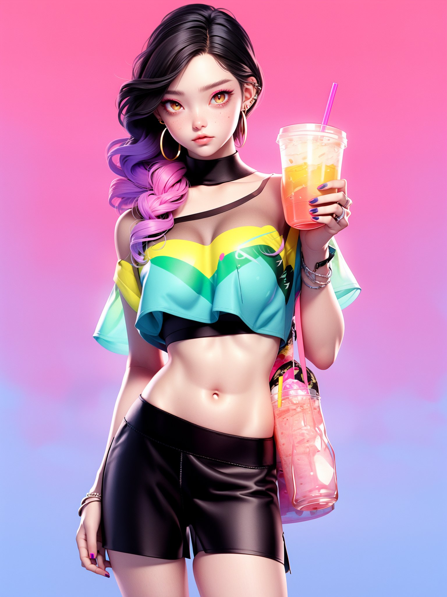 HTTP,fashion clothing, 1girl, solo, earrings, jewelry, multicolored hair, pink hair, cup, looking at viewer, pink background, holding, shorts, holding cup, nail polish, see-through, makeup, long hair, drinking straw, brown eyes, black hair, gradient, skirt, crop top, cowboy shot, pink nails, simple background<lora:HTTP_20231126222943-000008:1>