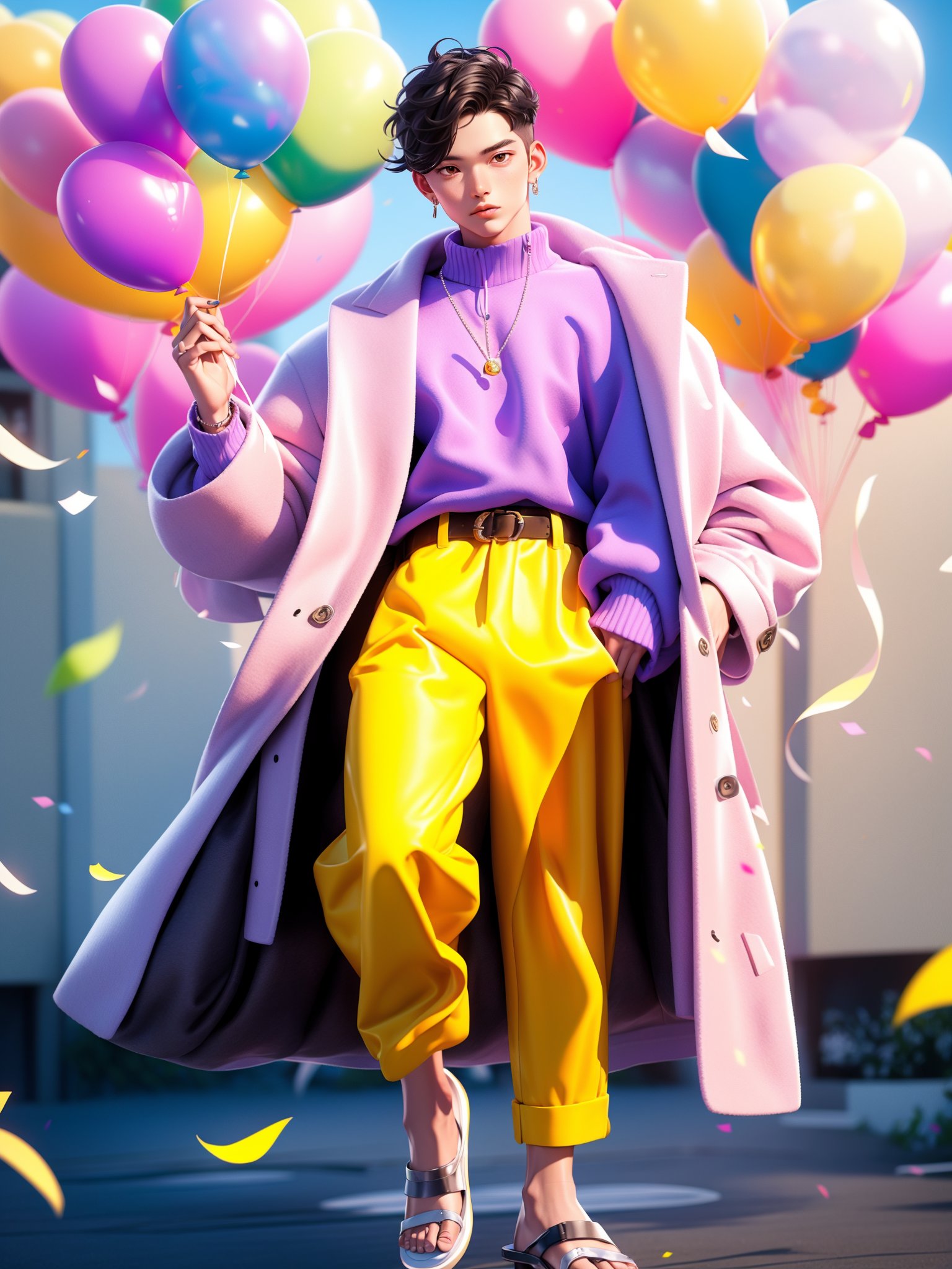 HTTP,fashion clothing, balloon, solo, bag, 1boy, pants, male focus, holding, belt, short hair, black hair, jacket, holding balloon, brown eyes, pink jacket, looking at viewer, coat, jewelry, sandals, sweater, lips, white pants, confetti<lora:HTTP_20231126222943-000004:1>