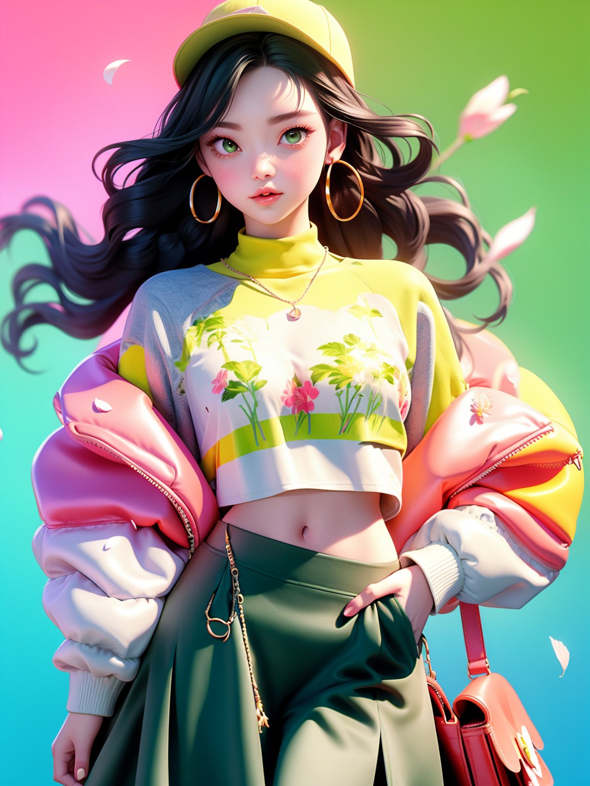 HTTP,fashion clothing, 1girl, solo, skirt, bag, long hair, earrings, hat, jewelry, pink background, flower, baseball cap, parted lips, brown hair, long sleeves, standing, looking at viewer, hoop earrings, crop top, midriff, green skirt, petals, shirt, lips<lora:HTTP_20231126222943-000008:1>