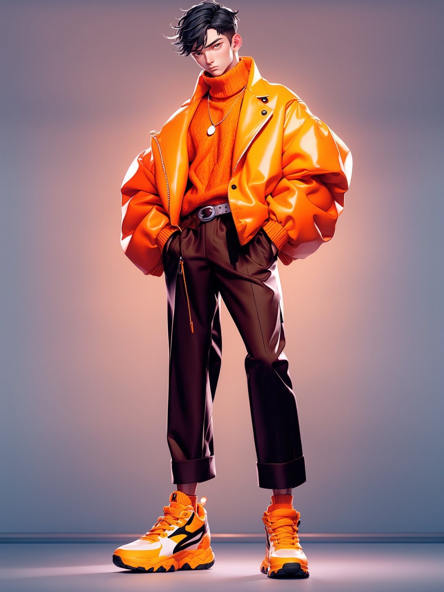 HTTP,fashion clothing, 1boy, male focus, solo, jewelry, orange shirt, pants, belt, hands in pockets, necklace, shoes, black hair, full body, orange sweater, turtleneck, orange jacket, undercut, short hair, brown pants, standing<lora:HTTP_20231126222943-000008:1>