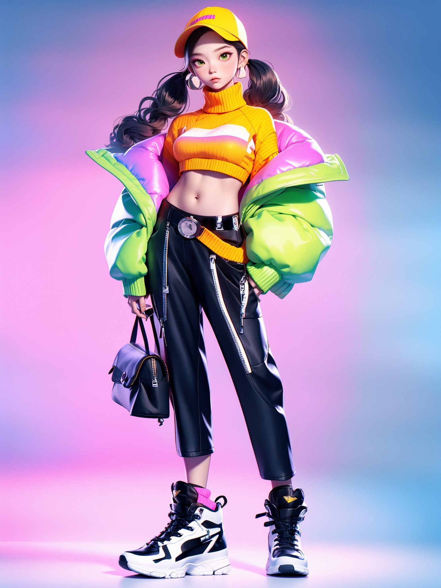 HTTP,fashion clothing, 1girl, solo, hat, midriff, belt, full body, turtleneck, jacket, pink background, crop top, shoes, pants, navel, black hair, sneakers, standing, earrings, gradient, sweater, makeup, gradient background, long hair, jewelry, baseball cap, looking at viewer, off shoulder, food, green jacket, twintails, breasts, cropped sweater, holding, long sleeves<lora:HTTP_20231126222943-000008:1>