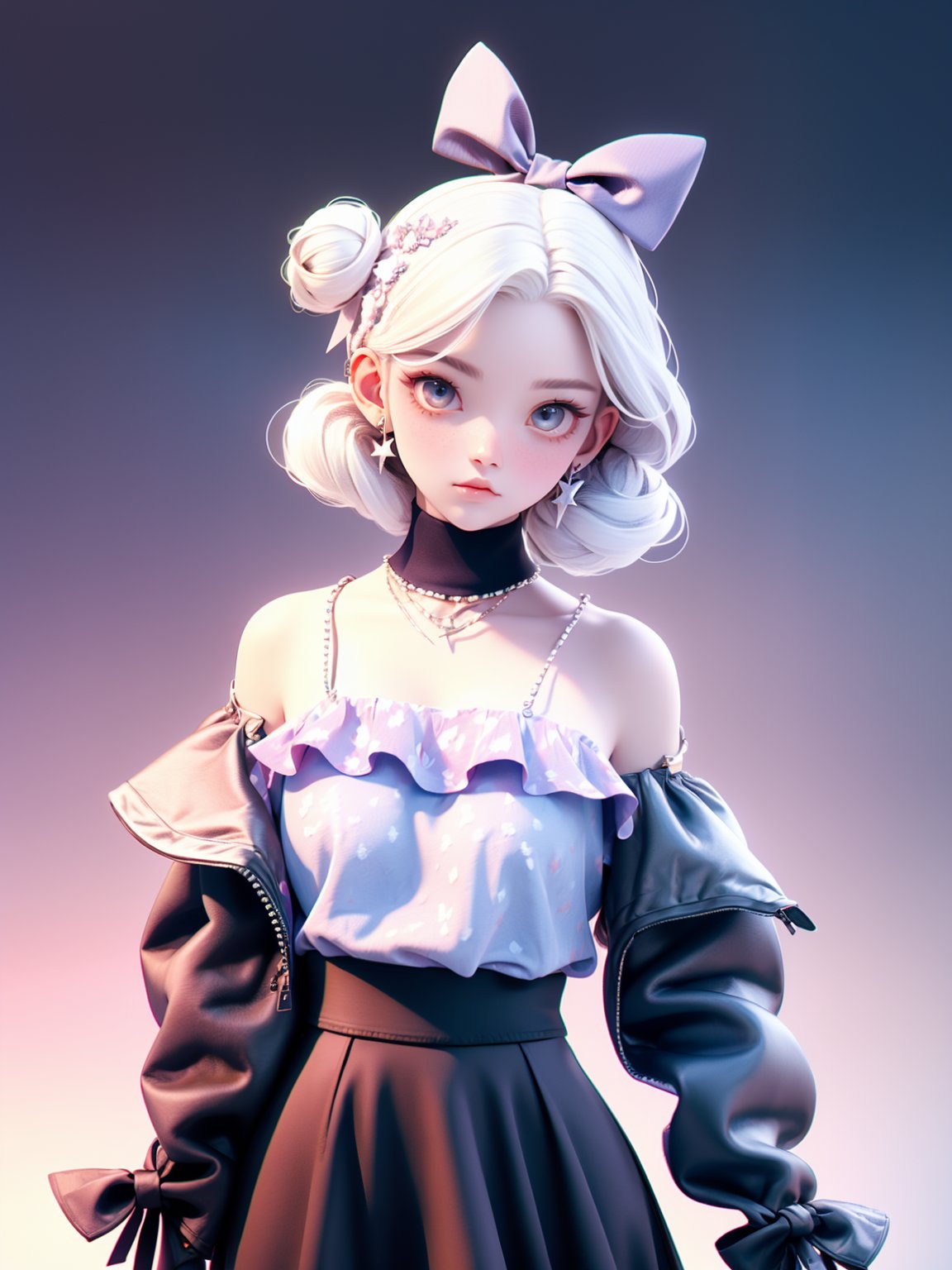 HTTP,fashion clothing, 1girl, solo, jewelry, white hair, skirt, earrings, bow, looking at viewer, shirt, hair bow, ribbon, black skirt, hair bun, gradient background, hand up, frills<lora:HTTP_20231126222943-000008:1>