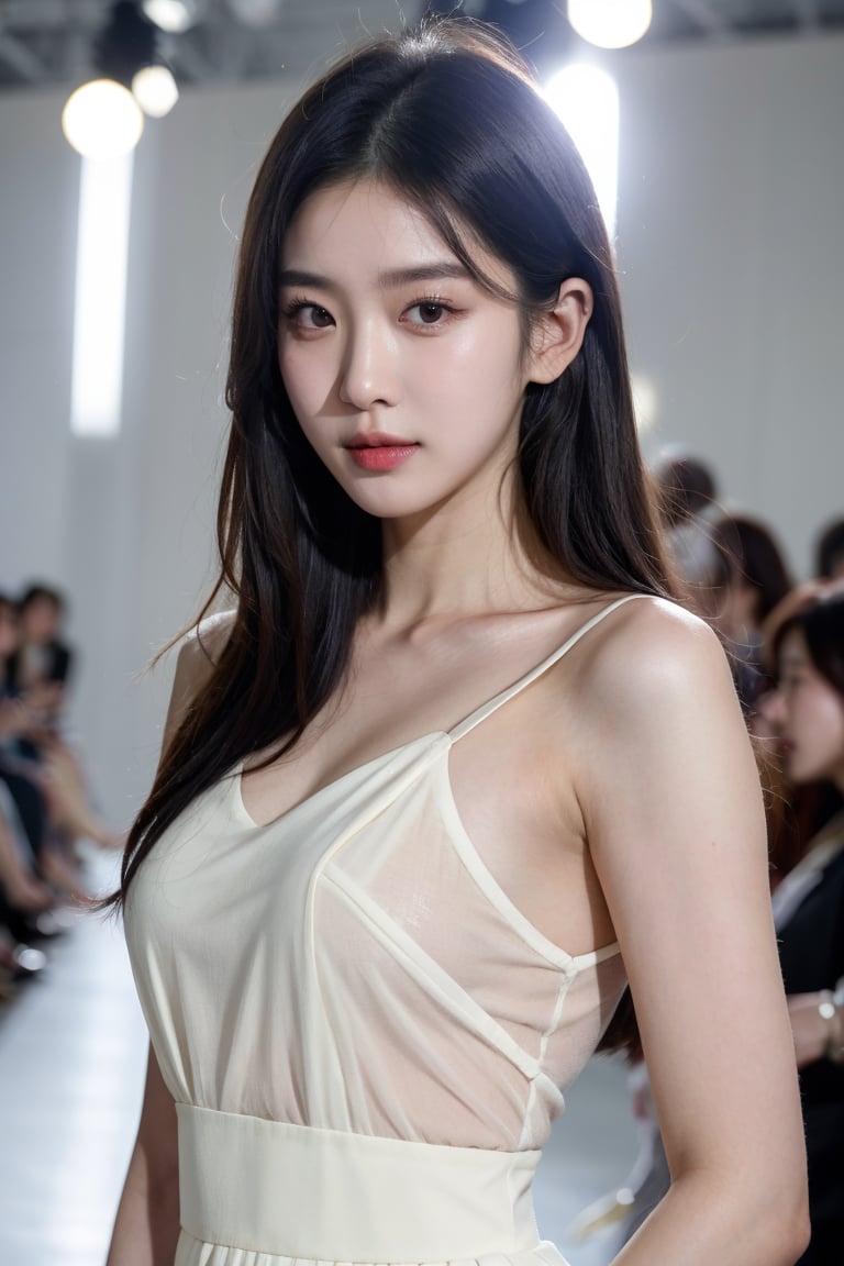 (best quality, ultra-detailed, realistic:1.37), professional, beautiful detailed eyes, beautiful detailed lips, detailed facial features, natural skin tones, perfect skin texture, delicate facial expressions, image in high resolution, realistic face, realistic skin, plain face, natural smile, highly detailed hair, (Hana), 18yo, (a South Korean fashion model), struts down the runway during Seoul Fashion Week. Dressed in a cutting-edge designer outfit, she exudes confidence and style. The high-resolution image captures ultra-detailed realism, highlighting Hana's captivating eyes, long eyelashes, and flawless complexion. The glamorous runway setting and fashionable crowd create a visually stunning representation of South Korean fashion and elegance.