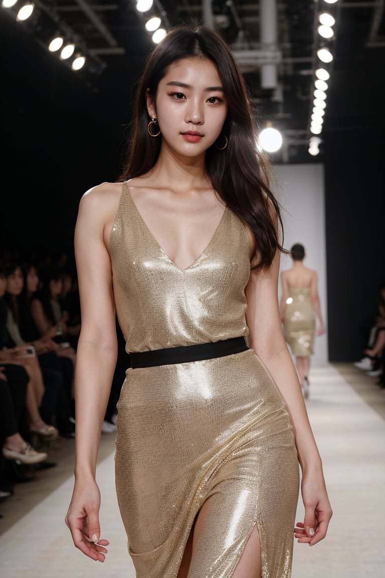 (8k, highest quality, ultra detailed:1.37), (Hana), 18yo, (a South Korean fashion model), struts confidently on the runway during a prestigious fashion week event. Dressed in a stunning designer ensemble, Hana's elegance and poise captivate the audience. The high-resolution image captures ultra-detailed realism, highlighting Hana's captivating eyes, flawless complexion, and fashionable hairstyle. The glamorous runway and stylish set design add to the visual appeal, creating a visually stunning representation of Hana's success in the fashion industry.