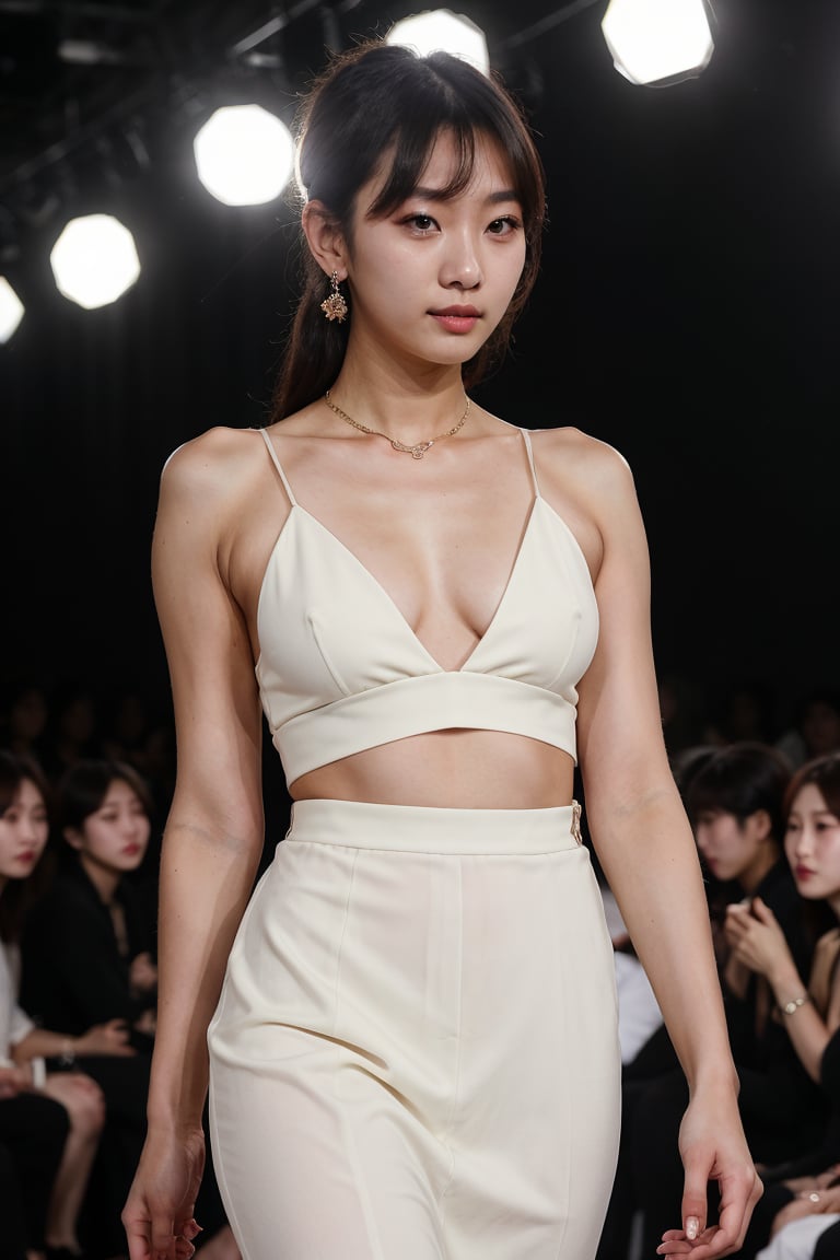 (8k, highest quality, ultra detailed:1.37), (Hana), 18yo, (a South Korean fashion model), struts confidently on the runway during a prestigious fashion week event. Dressed in a stunning designer ensemble, Hana's elegance and poise captivate the audience. The high-resolution image captures ultra-detailed realism, highlighting Hana's captivating eyes, flawless complexion, and fashionable hairstyle. The glamorous runway and stylish set design add to the visual appeal, creating a visually stunning representation of Hana's success in the fashion industry.