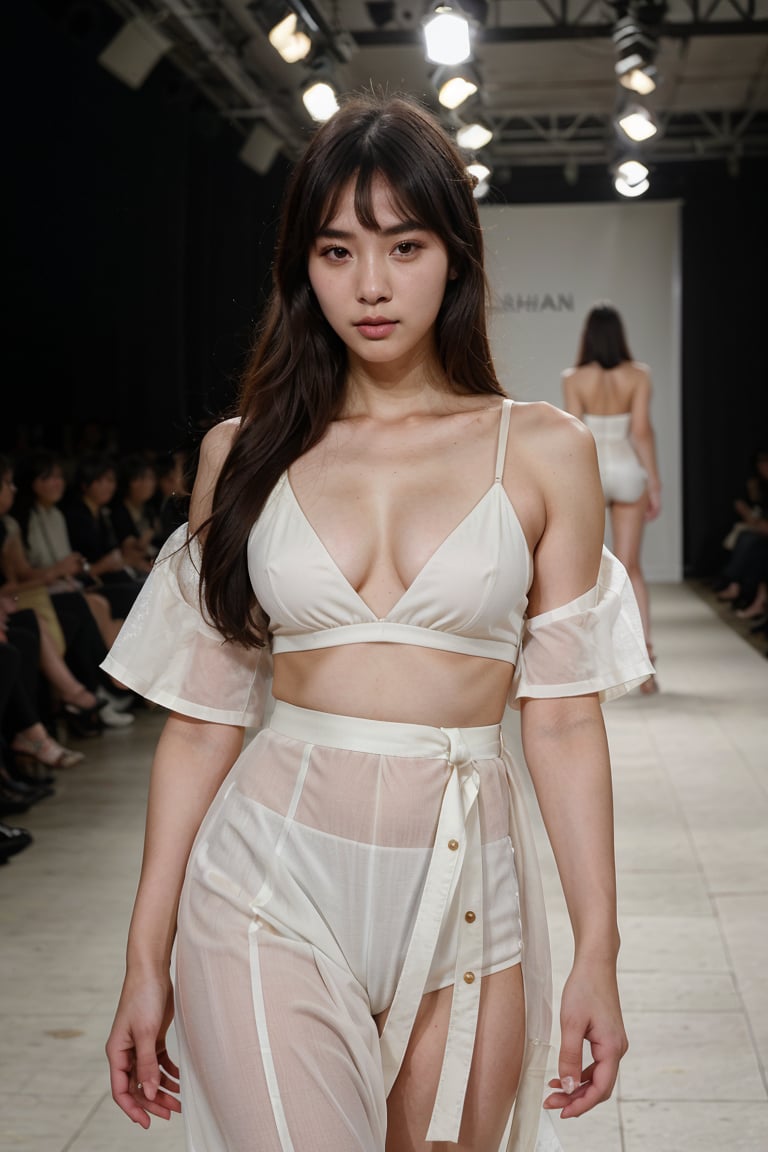 (8k, highest quality, ultra detailed:1.37), (Hana), 18yo, (a South Korean fashion model), struts confidently on the runway during a prestigious fashion week event. Dressed in a stunning designer ensemble, Hana's elegance and poise captivate the audience. The high-resolution image captures ultra-detailed realism, highlighting Hana's captivating eyes, flawless complexion, and fashionable hairstyle. The glamorous runway and stylish set design add to the visual appeal, creating a visually stunning representation of Hana's success in the fashion industry.