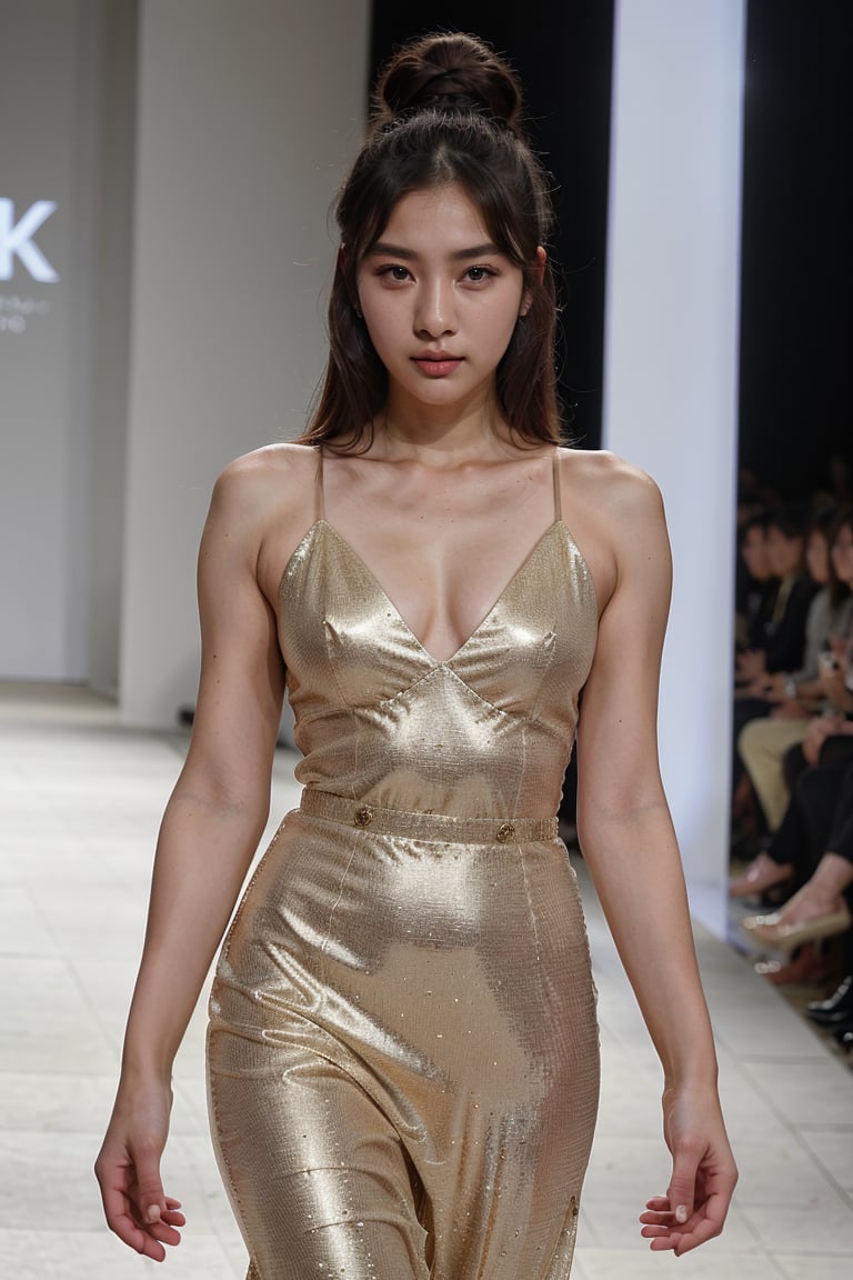 (8k, highest quality, ultra detailed:1.37), (Hana), 18yo, (a South Korean fashion model), struts confidently on the runway during a prestigious fashion week event. Dressed in a stunning designer ensemble, Hana's elegance and poise captivate the audience. The high-resolution image captures ultra-detailed realism, highlighting Hana's captivating eyes, flawless complexion, and fashionable hairstyle. The glamorous runway and stylish set design add to the visual appeal, creating a visually stunning representation of Hana's success in the fashion industry.