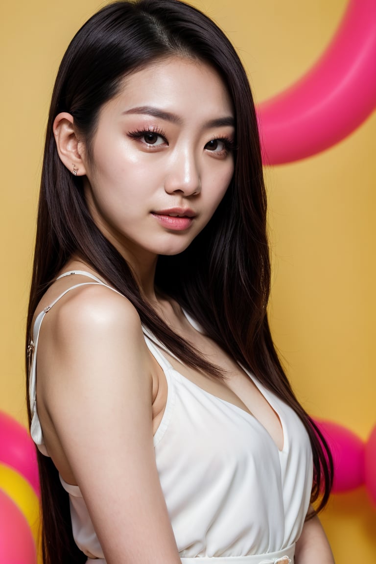 (8k, highest quality, ultra detailed:1.37), (Hana), 18yo, (a South Korean beauty influencer), collaborates with a renowned cosmetics brand for a vibrant campaign. Dressed in a stylish outfit that complements the colorful makeup, Hana exudes confidence and beauty. The high-resolution image captures ultra-detailed realism, highlighting Hana's captivating eyes, flawless complexion, and trendy hairstyle. The vibrant and eye-catching backdrop enhances the overall visual appeal, showcasing Hana's expertise in the beauty industry.