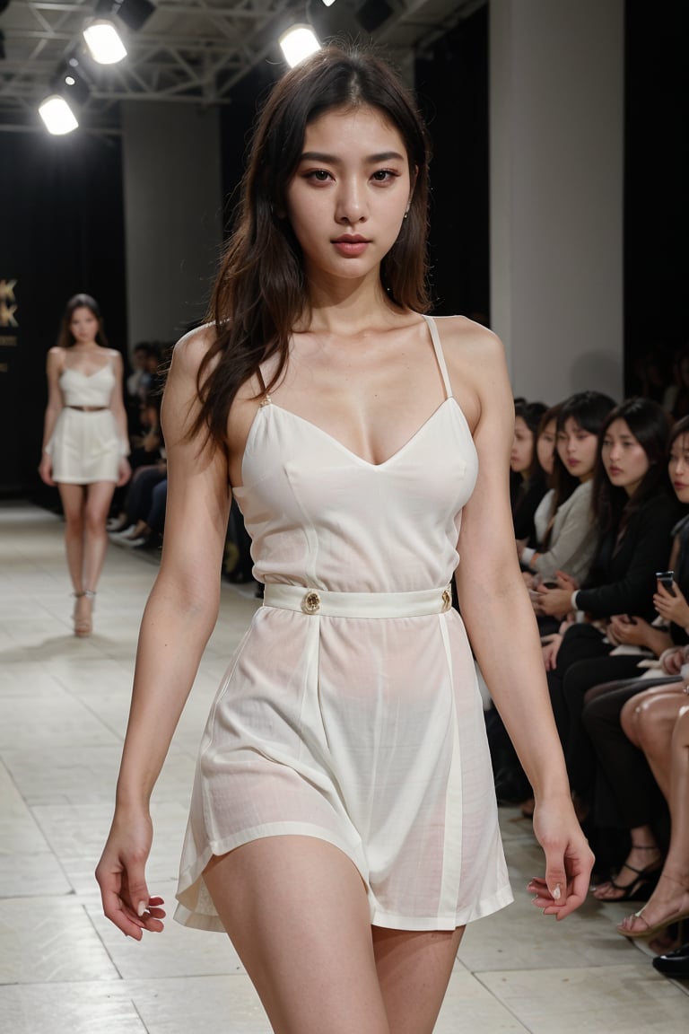 (8k, highest quality, ultra detailed:1.37), (Hana), 18yo, (a South Korean fashion model), struts confidently on the runway during a prestigious fashion week event. Dressed in a stunning designer ensemble, Hana's elegance and poise captivate the audience. The high-resolution image captures ultra-detailed realism, highlighting Hana's captivating eyes, flawless complexion, and fashionable hairstyle. The glamorous runway and stylish set design add to the visual appeal, creating a visually stunning representation of Hana's success in the fashion industry.