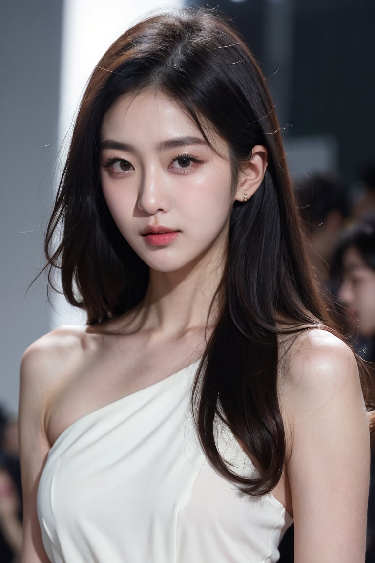 (best quality, ultra-detailed, realistic:1.37), professional, beautiful detailed eyes, beautiful detailed lips, detailed facial features, natural skin tones, perfect skin texture, delicate facial expressions, image in high resolution, realistic face, realistic skin, plain face, natural smile, highly detailed hair, (Hana), 18yo, (a South Korean fashion model), struts down the runway during Seoul Fashion Week. Dressed in a cutting-edge designer outfit, she exudes confidence and style. The high-resolution image captures ultra-detailed realism, highlighting Hana's captivating eyes, long eyelashes, and flawless complexion. The glamorous runway setting and fashionable crowd create a visually stunning representation of South Korean fashion and elegance.