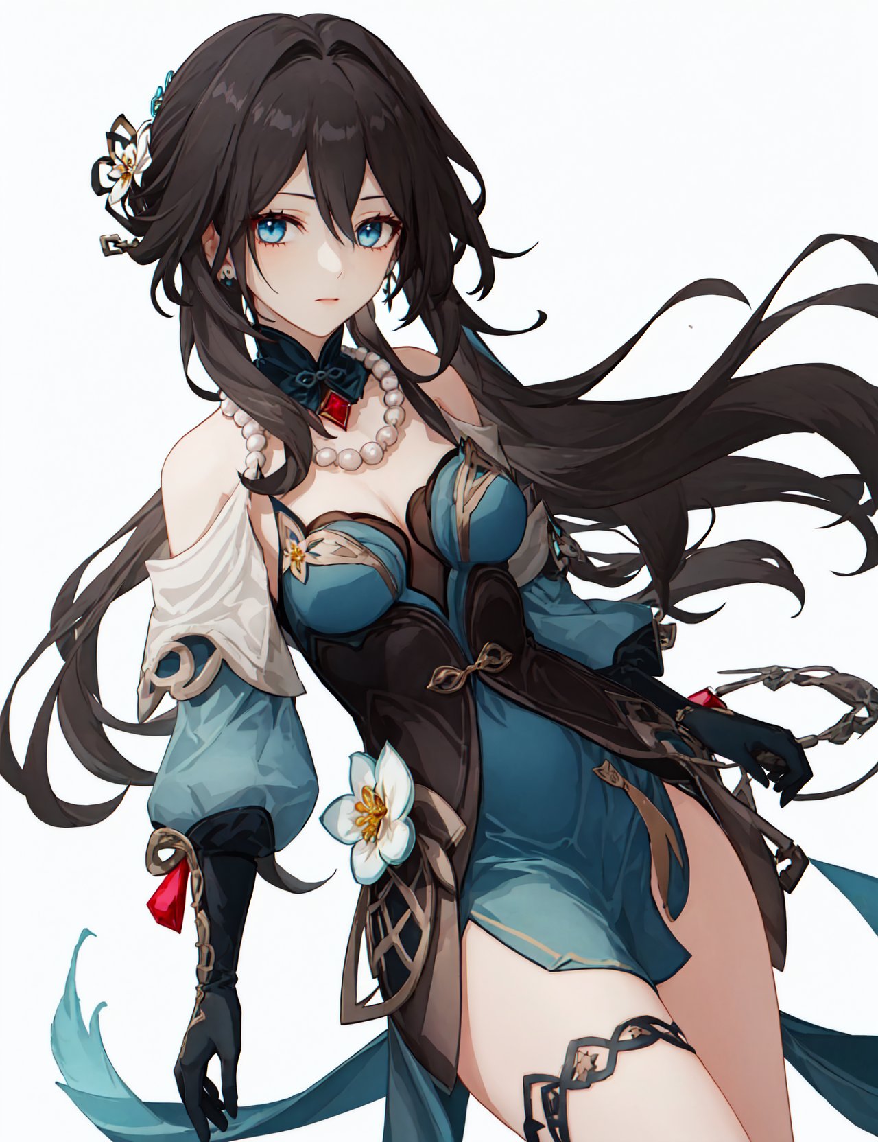 <lora:ruanmeilatest:1:lbw=role>,1girl,solo,ruanmei,ruanmei_official,chinese dress,blue eyes,breasts,long hair,jewelry,hair flower,dress,earrings,bare shoulders,hair between eyes,blue dress,hair intakes,black hair,bangs,medium breasts,hair ornament,thigh strap,cleavage,white flower,beads,gloves,(ruby necklace:1.2),pearl necklace,flower on clothes,white long sleeves,hdr,anime screencap,game cg,<lora:genshinImpactModel_v10:0.37:lbw=MIDD>,(masterpiece,best quality:1.2),absurdres,