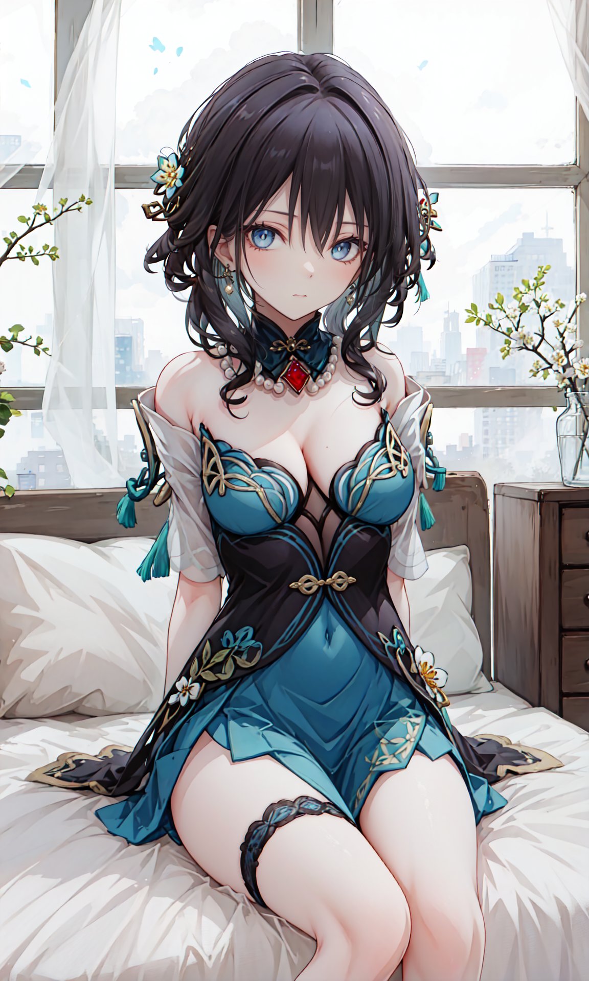 ,<lora:ruanmeilatest:1>ruanmei, ruanmei_official, chinese dress, 1girl, solo, blue eyes, breasts, long hair, jewelry,hair flower, dress, earrings, bare shoulders, hair between eyes, blue dress, hair intakes, black hair, bangs, medium breasts, hair ornament, thigh strap, cleavage, white flower,  beads, gloves,(ruby necklace:1.2),pearl necklace, flower on clothes,indoors,sitting on bed,arms behind back, 1girl,,  (masterpiece,best quality:1.2),absurdres