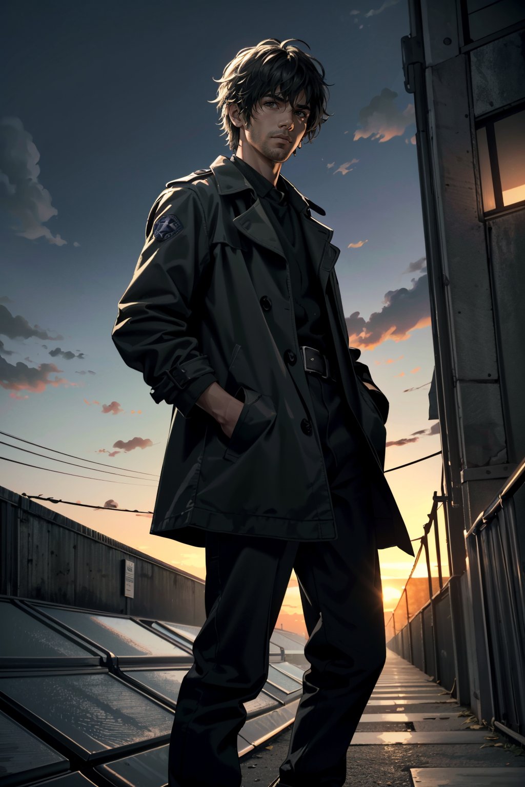 ((ultra detailed, masterpiece, best quality)) <lora:RE3Carlos:0.8>RE3Carlos, 1boy, solo, brown eyes, On a high-rise rooftop, sharp black trench coat, city lights below, hands in pockets with a mysterious gaze into the distance