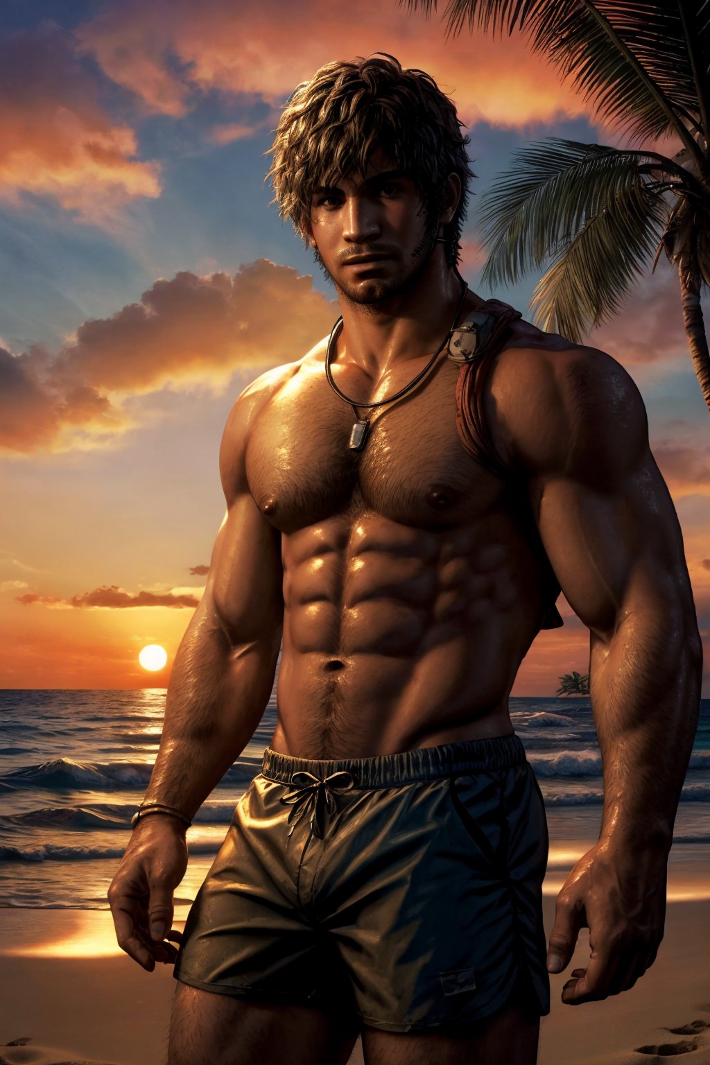 ((ultra detailed, masterpiece, best quality))
 Upper body shot from RE3Carlos, 1boy, solo, brown eyes, On a sandy beach with a sophisticated twist, shirtless, topless, swimshorts, chest hair, ocean waves and palm trees, sunset. ,RE3Carlos