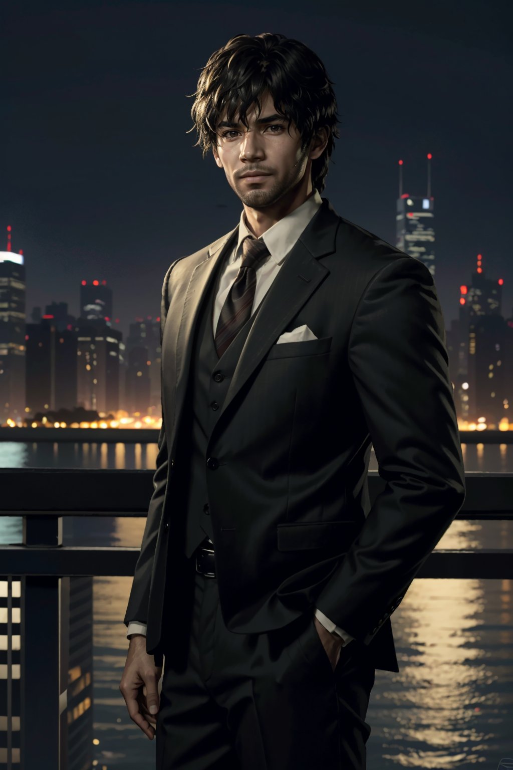 ((ultra detailed, masterpiece, best quality)) <lora:RE3Carlos:0.8>RE3Carlos, 1boy, solo, brown eyes, On a sophisticated city rooftop, dressed in a sharp blazer, with the skyline as the backdrop, at night