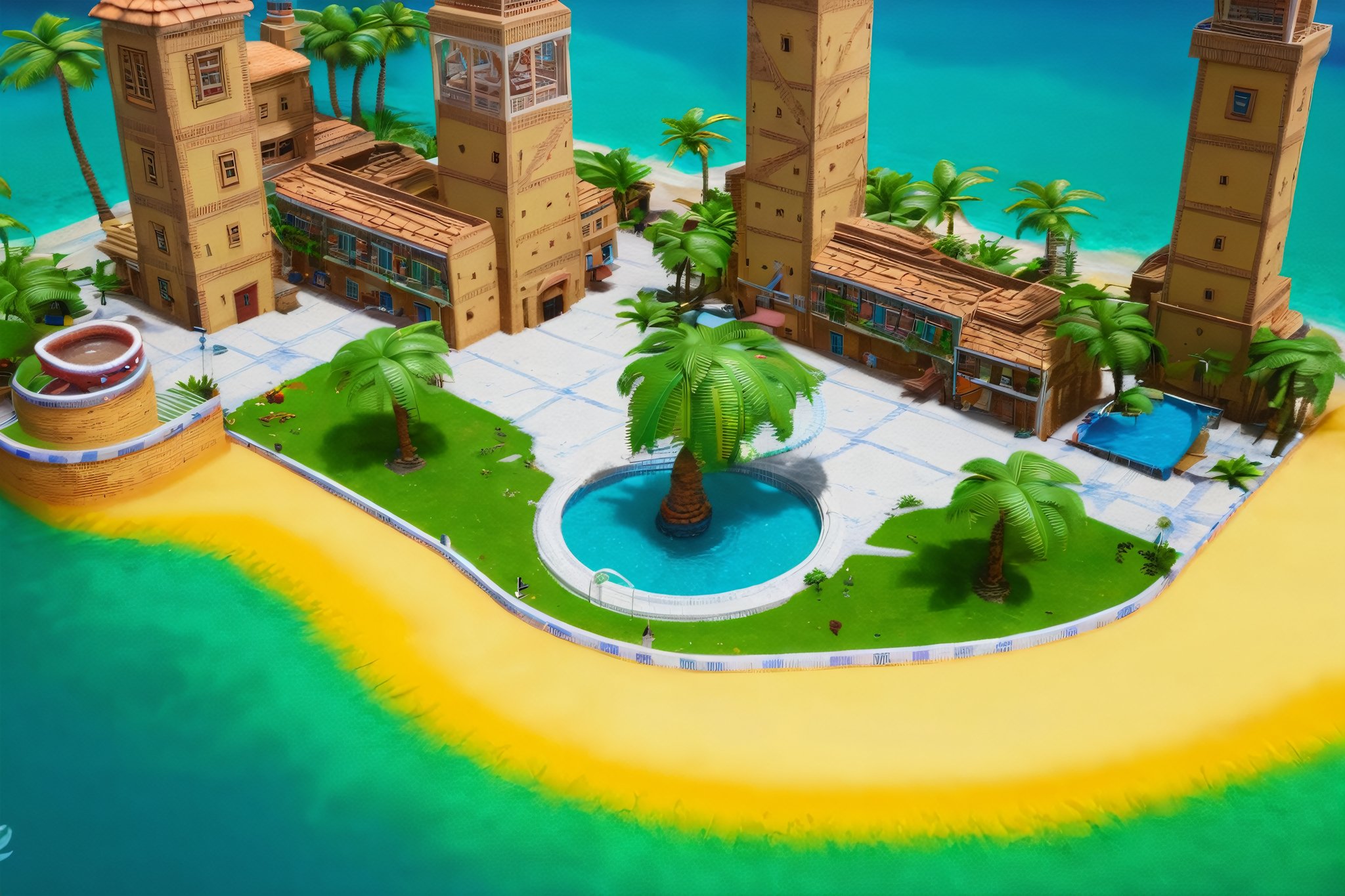 4k resolution, intricately detailed, trending on artstation, ((best quality)), ((highly detailed)), 
an aerial shot of Delfino_Plaza, birds eye view, palm tree, clock tower, fountain, small houses, ocean, beach, realistically detailed, HDR