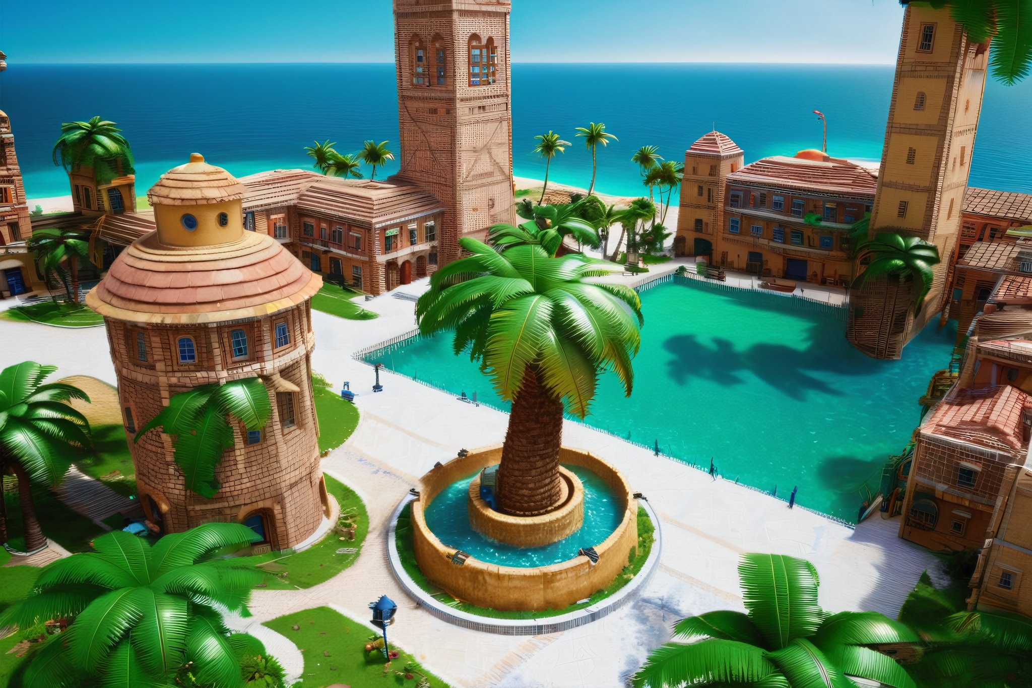 4k resolution, intricately detailed, trending on artstation, ((best quality)), ((highly detailed)), 
an aerial shot of Delfino_Plaza, birds eye view, palm tree, clock tower, fountain, small houses, ocean, beach, realistically detailed, HDR