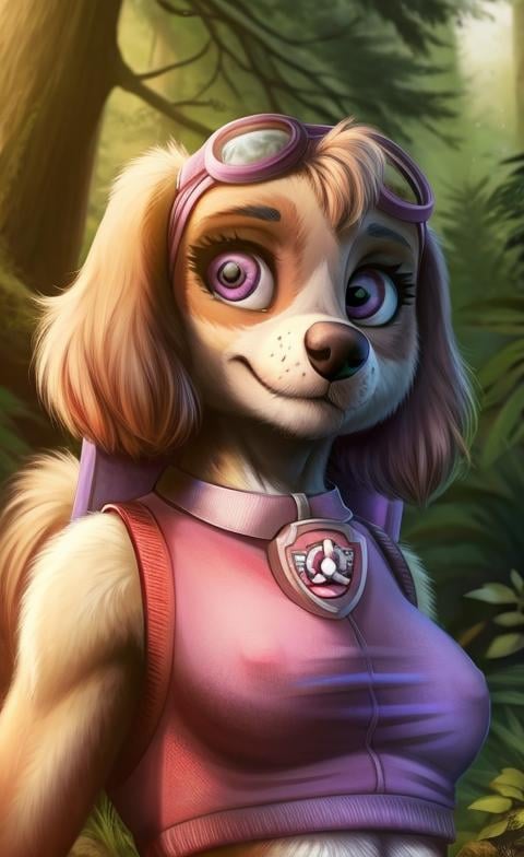 realistic fur, detailed background, wilderness background, realistic, photorealistic, ultra realistic, 8k,female, furry, anthro, adult, solo, dog girl, looking at viewer, (portrait:1.1), (breasts:1.1), skye \(paw patrol\),dog ears, <lora:Skye_PawPatrol:0.8> skyepawpatrol, goggles, pink vest,forest, 