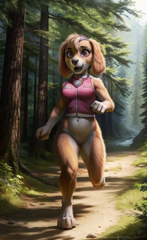 realistic fur, detailed background, wilderness background, realistic, photorealistic, ultra realistic, 8k,female, furry, anthro, adult, solo, dog girl, looking at viewer, (full-length portrait:1.1), action pose, open mouth, (breasts:1.1), skye \(paw patrol\),dog ears, <lora:Skye_PawPatrol:1.0> skyepawpatrol, goggles, pink vest, bottomless, forest, 