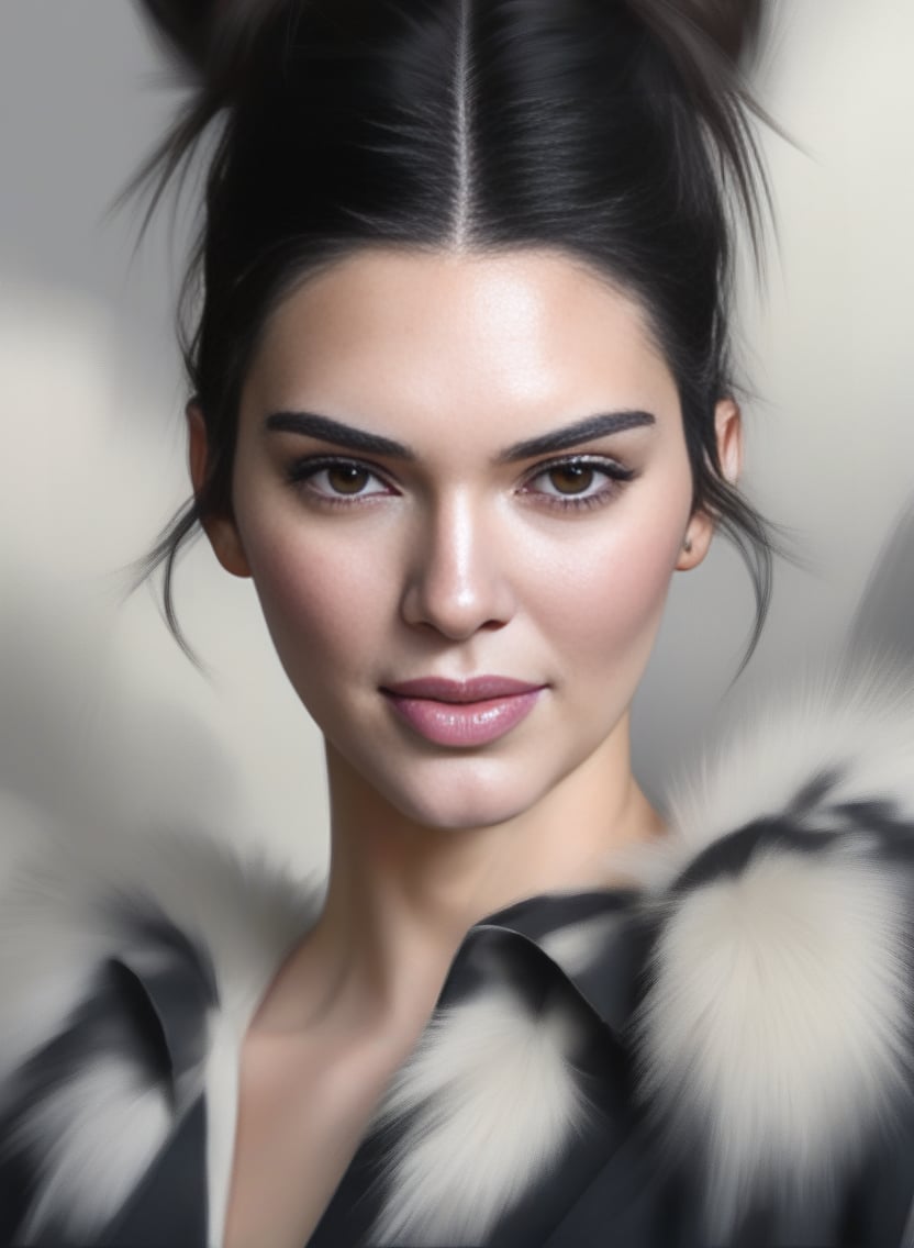 KendallJenner, art by WLOP, portrait,close up of a Fur-Trimmed Surreal wabi-sabi Female, wearing Maxi skirt and blouse in smooth patterns, Voidpunk, Bloom light, Flickr,  <lora:KendallJennerSDXL:1>