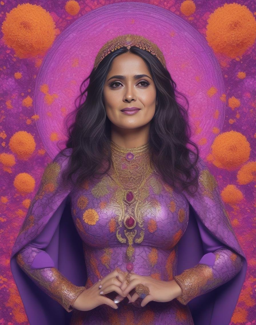 SalmaHayek, (art by Geof Darrow:1.1) ,art by James C. Christensen, photograph, (DayGlo purple theme:0.7) , Woman, Filmmaker, Fall, Neo-Primitivism, Fujifilm XT3, Zoom lens, <lora:SalmaHayekSDXL:1>