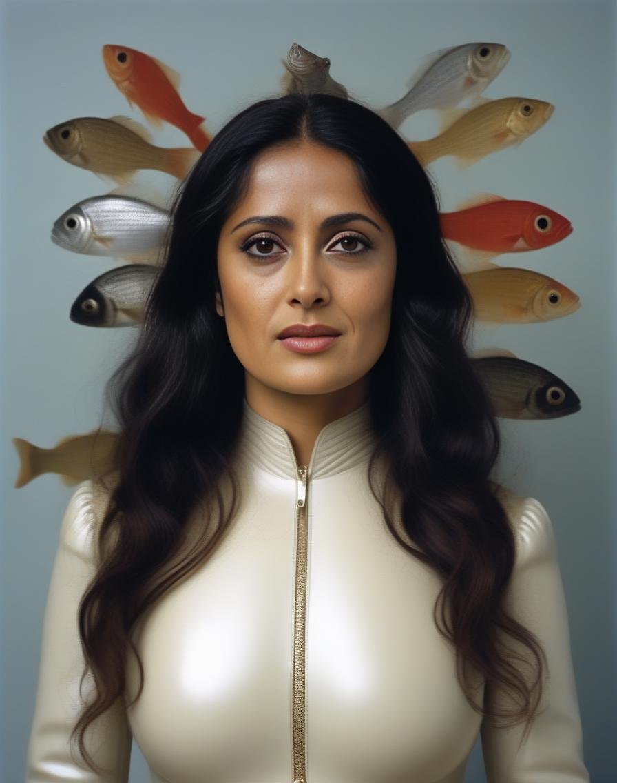 SalmaHayek, (art by Alex Colville:0.9) , photograph, Mesmerizing flyweight humanoid of Frenzy, wearing Warrior suit, Colossal Brunette hair, Hopeless, Gutai Group, film grain, Sony A9 II, Fish-eye Lens, <lora:SalmaHayekSDXL:1>