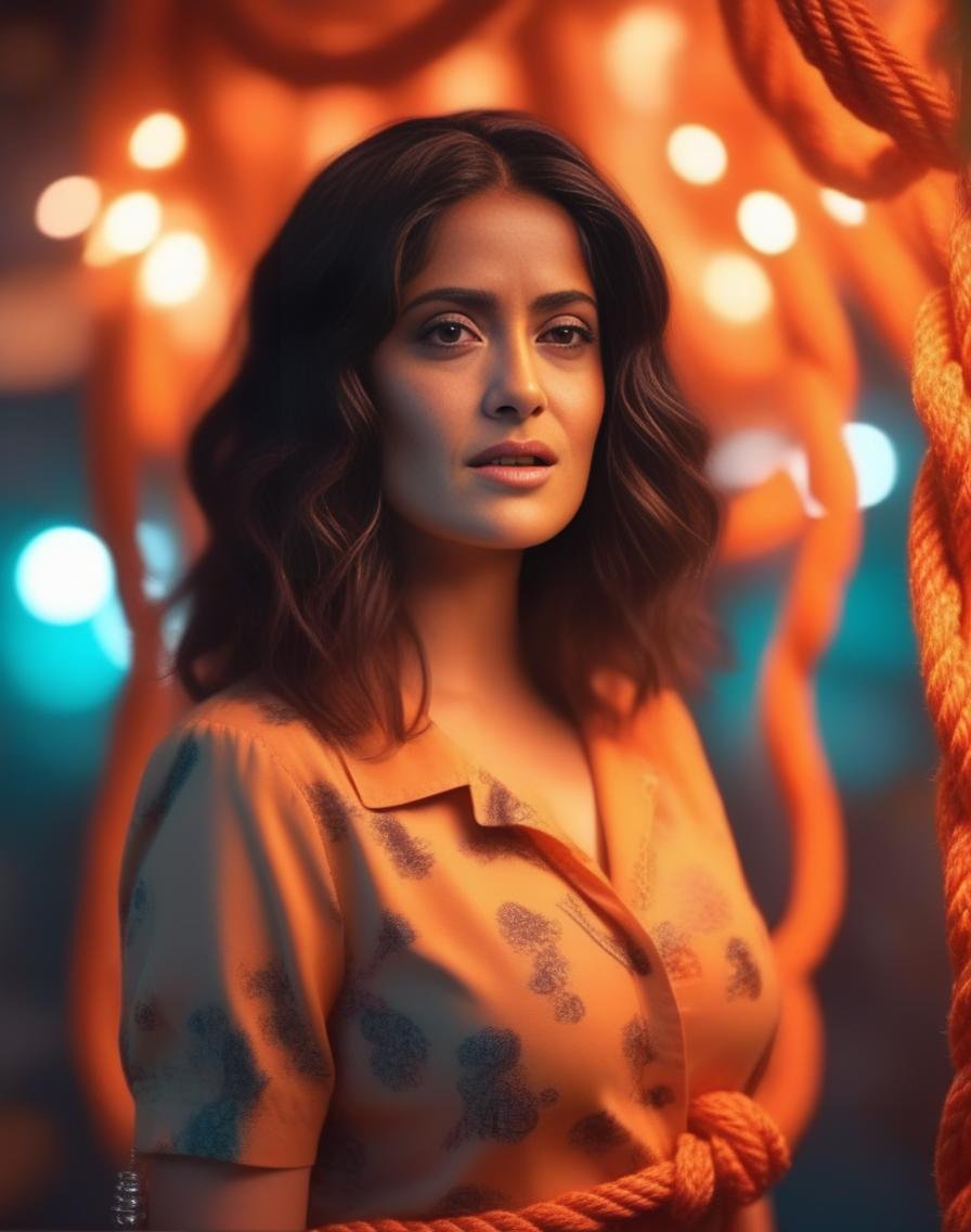 SalmaHayek, (art by Brandon Woelfel:1.2) , highly detailed, Alluring humanoid, wearing Tired deep orange Shorts and blouse, Expressive Chestnut hair, Sakura Rope, Mechanical Body Parts, Iraqi background, Movie still, Velvia, octane engine, <lora:SalmaHayekSDXL:1>