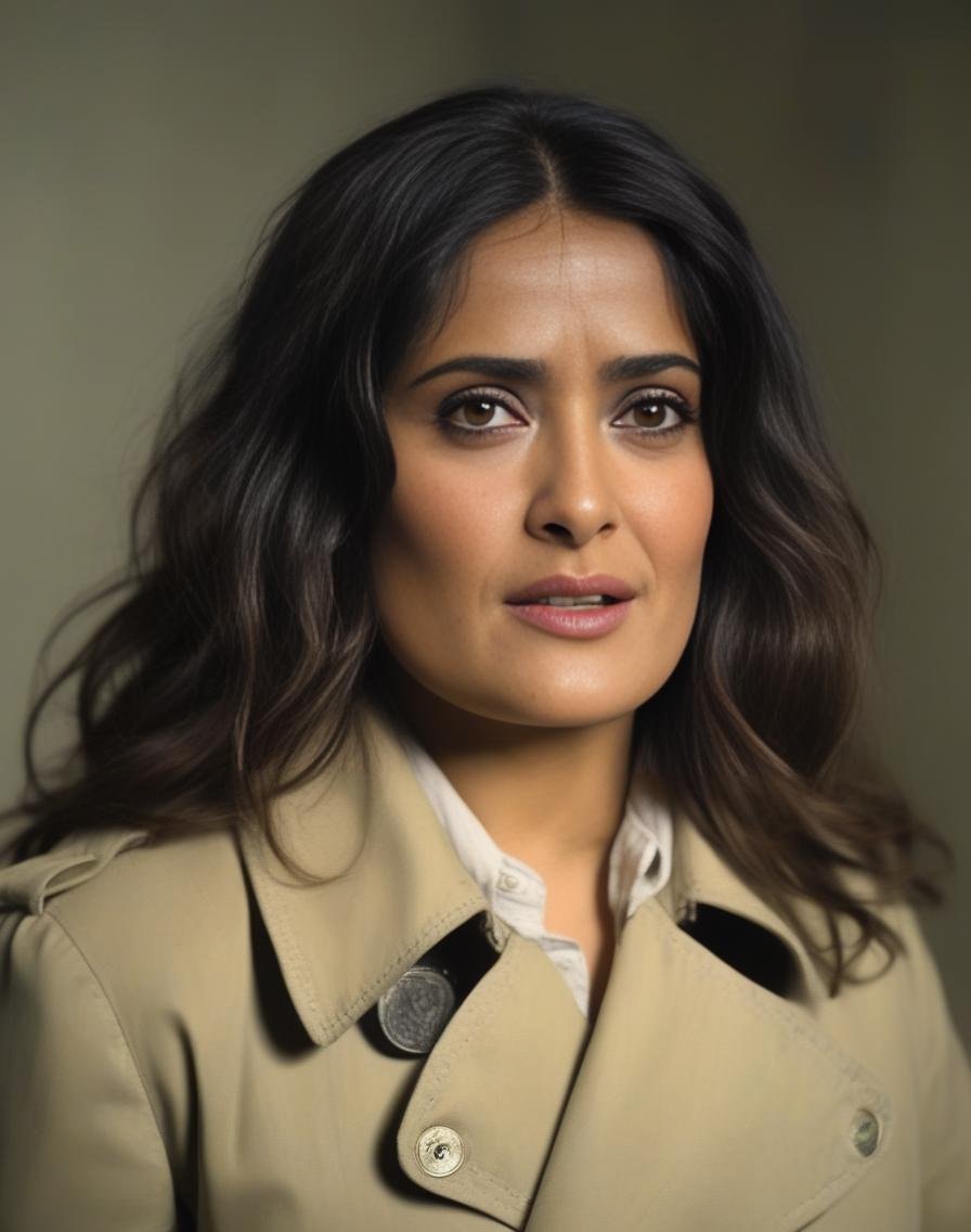 SalmaHayek, portrait,close up of a Stupid Girl, wearing Unappetizing Mennonite Trench coat, Unpredictable Brunette hair, dense dungeon, deep focus, Fearful, 800mm lens,  <lora:SalmaHayekSDXL:1>