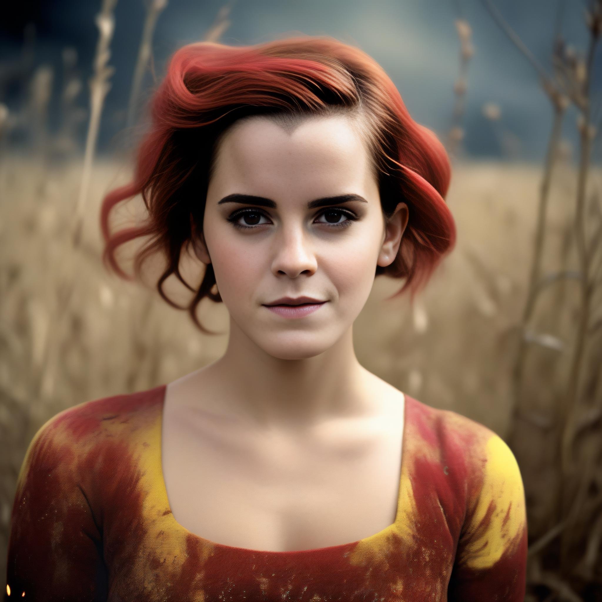 EmmaWatson, (art by Seth Globepainter:0.8) , (art by Kirsty Mitchell:0.7) , photograph, Private Press, Burning obese Argentinian (Girl:1.1) , Macedonian hairstyle, tilt shift, Movie still, film grain, Canon eos 5d mark 4, 35mm, Autochrome, extremely hyper aesthetic,  <lora:EmmaWatsonSDXL:1>