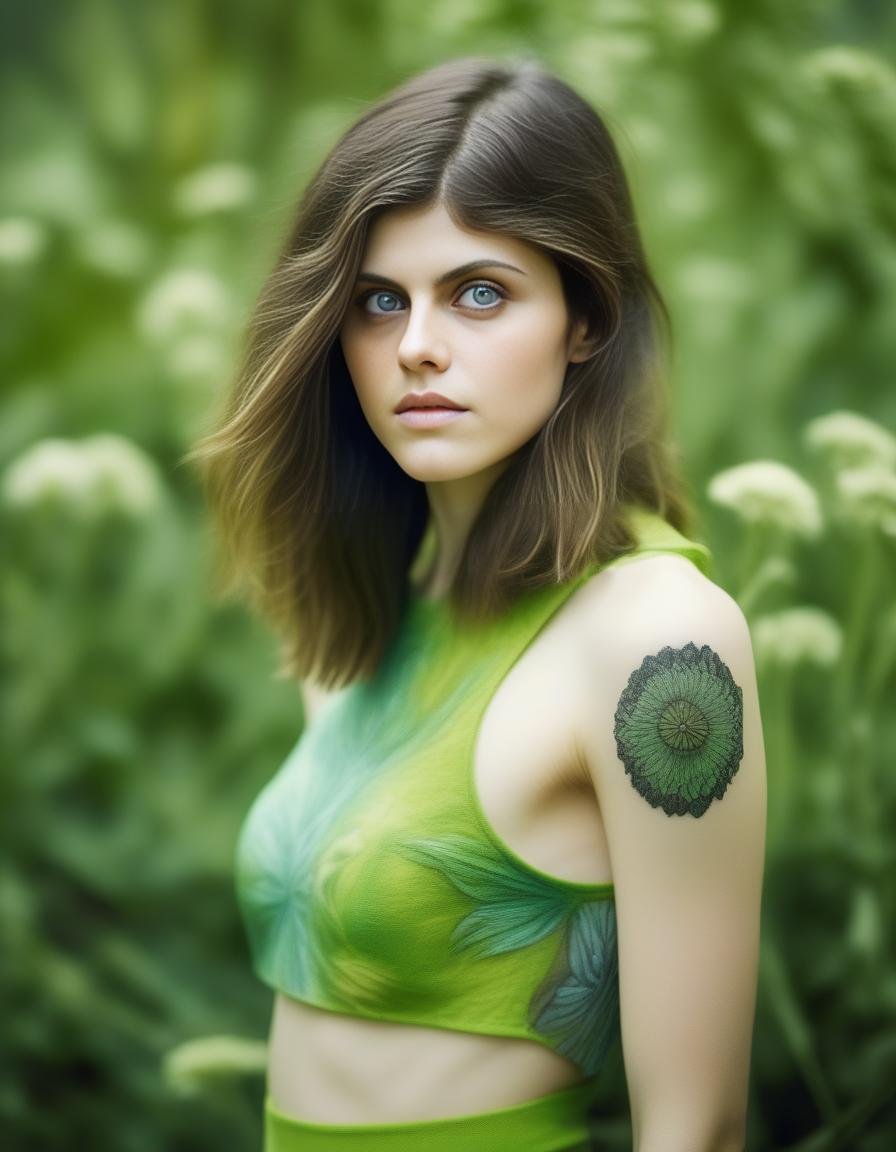 AlexandraDaddario, [ (art by Jan van Kessel the Elder:0.9) |art by Ronald Balfour], photograph, hip level shot of a Skillful slender (Girl:1.1) , wearing Lapidary Lime green Kofia, Shaggy hair, Tribal Tattoos, tilt shift, Bloom light, Canon 5d mark 4, Circular polarizer, Instax,  <lora:AlexandraDaddarioSDXL:1>