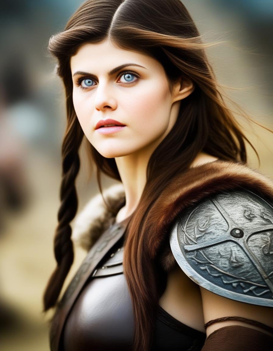 AlexandraDaddario,<lora:AlexandraDaddarioSDXL:1>,photo of a gorgeous woman), (professional photography), (scenic background), ((as a viking warrior woman)), ((close-up)), masterpiece, best quality, (eye contact), (looking at the viewer), centred, (shot from front), blurred_background, proportional