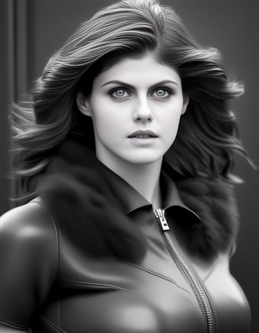 AlexandraDaddario, photograph, stylized, zoomed out of a Lifeless Resourceful Woman, wearing Mind reader Cheerleader uniform, Fur-Trimmed Twist out hairstyle, Raining, behance, Canon 5d mark 4, Zoom lens, BW,  <lora:AlexandraDaddarioSDXL:1>