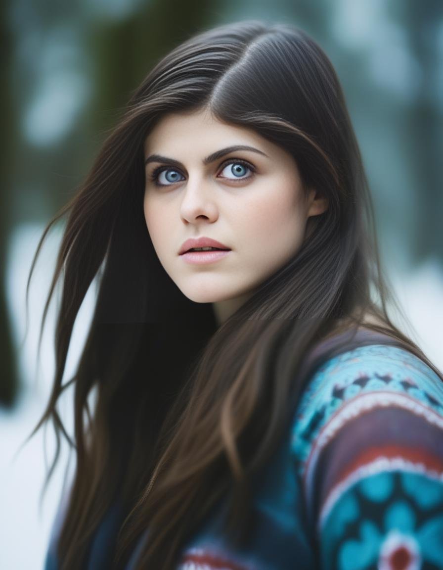 AlexandraDaddario, photograph, [Abominable:Horrid:10] Maori Female, Happy Sharingan Eyes, Winter, shallow depth of field, soft lighting, film grain, Canon eos 5d mark 4, F/2.8, (art by Maya Lin:0.9) ,art by Wes Wilson,  <lora:AlexandraDaddarioSDXL:1>