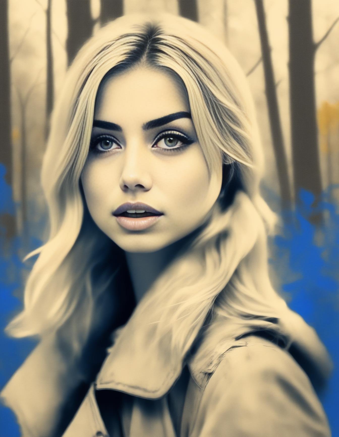 AnadeArmas, portrait,close up of a Serbian Female, Alhambresque Blonde hair, autumn forest, Bokeh, Rough sketch, 60s Art, Sepia filter, dripping with DayGlo blue, poster art,  <lora:AnadeArmasSDXL:1>