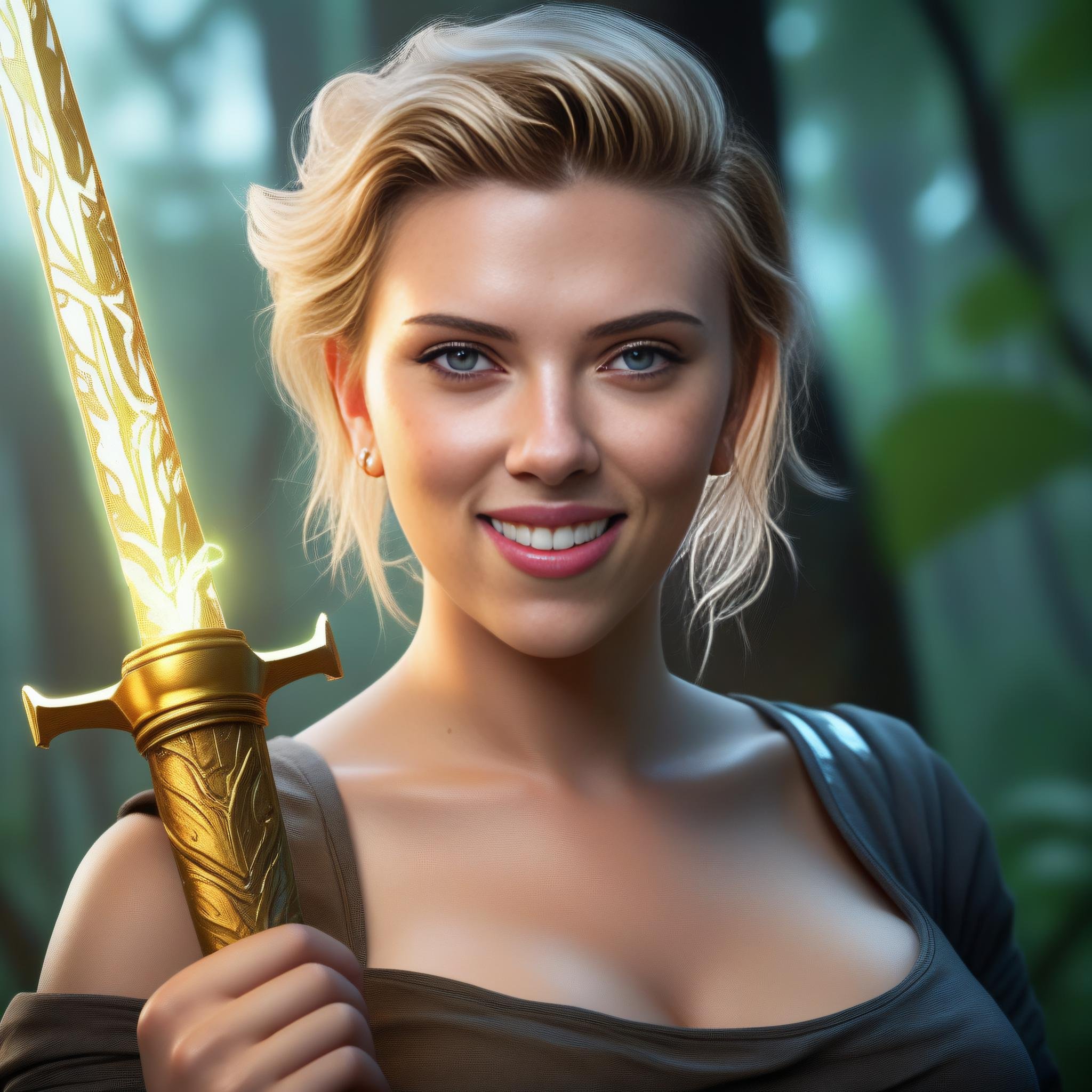 ScarlettJohansson,<lora:ScarlettJohanssonSDXL:1>,portrait,female,stunningly beautiful and gorgeous female smile in a magical forest holding golden sword with lightning striking her arm to it. GTA V style illustration by Artgerm Lau on artstation W- 768 wlopS ngai hyperrealism photorealistic lifelike cinematic concept painting of an attractive young woman asia from DnD unreal 5 engine octane render blender cgsociety behance HD 8k trending digital deviantart ornate intricate details super resolution ray tracing hdr fan bioluminescent highlights light glow vibrant dark background full face tattoos rtx 30mm f2