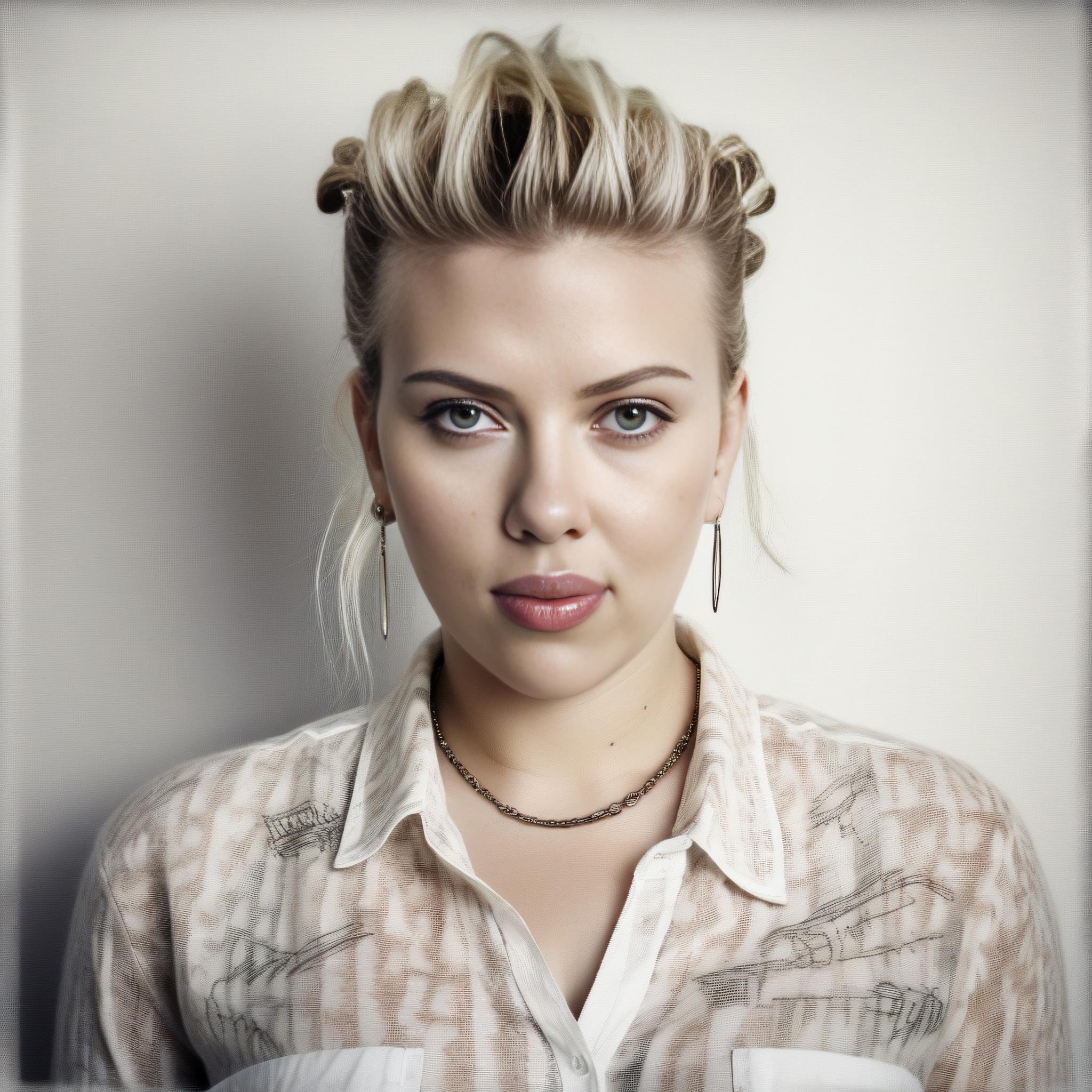 ScarlettJohansson, photograph, overweight Woman, wearing Mohair Button-down shirt, Noble hair, Cornrows hairstyle, at Midday, Sketch, Doodle Art style, film grain, Phase One XF IQ4 150MP, F/8, vibrant,  <lora:ScarlettJohanssonSDXL:1>