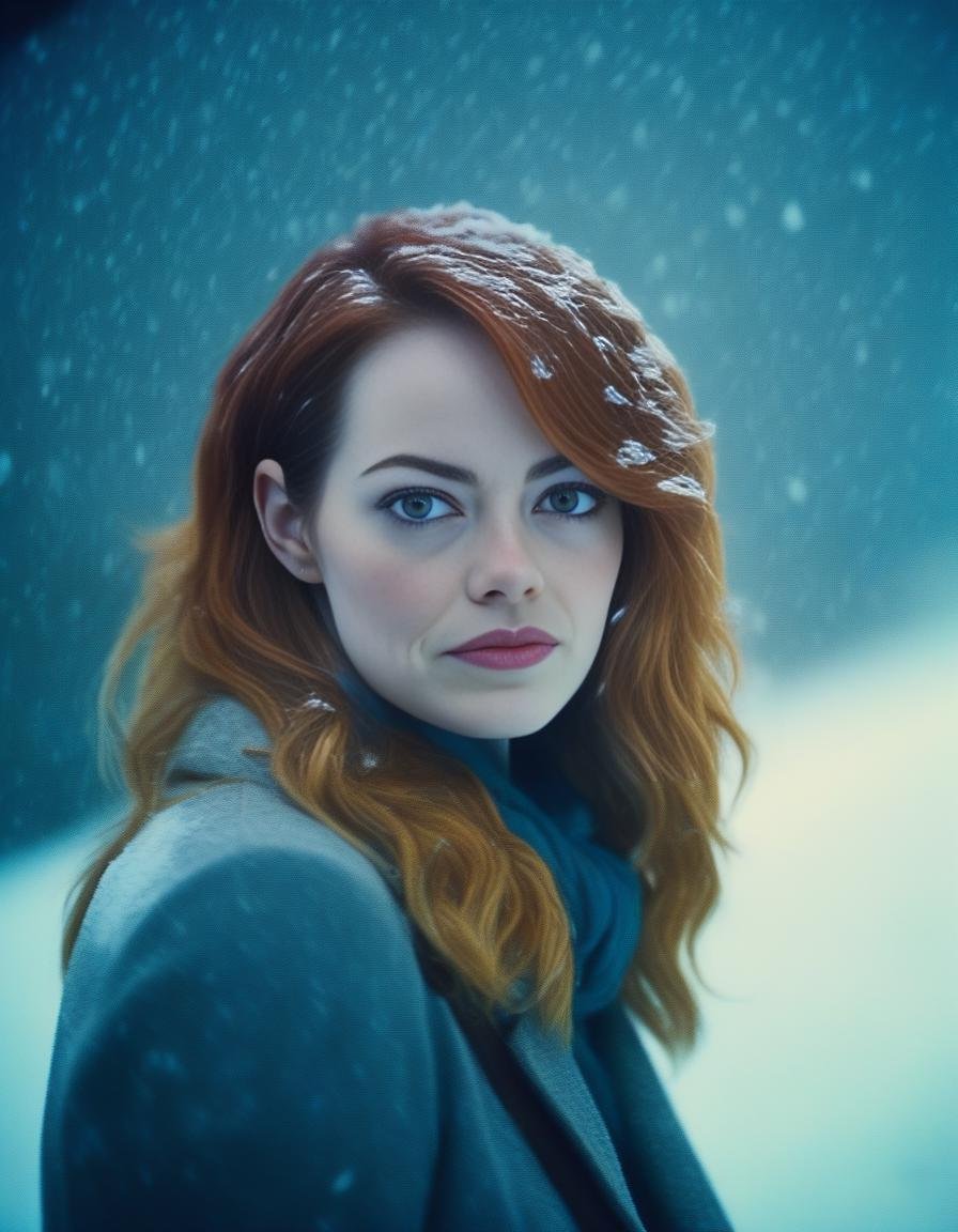 EmmaStone, photograph, Worried Affectionate Woman of Science, Multicolor hair, Original Voluminous hairstyle, Snowing, Guilty, cinematic lighting, film grain, Kodak gold 200, Zoom lens,  <lora:EmmaStoneSDXL:1>