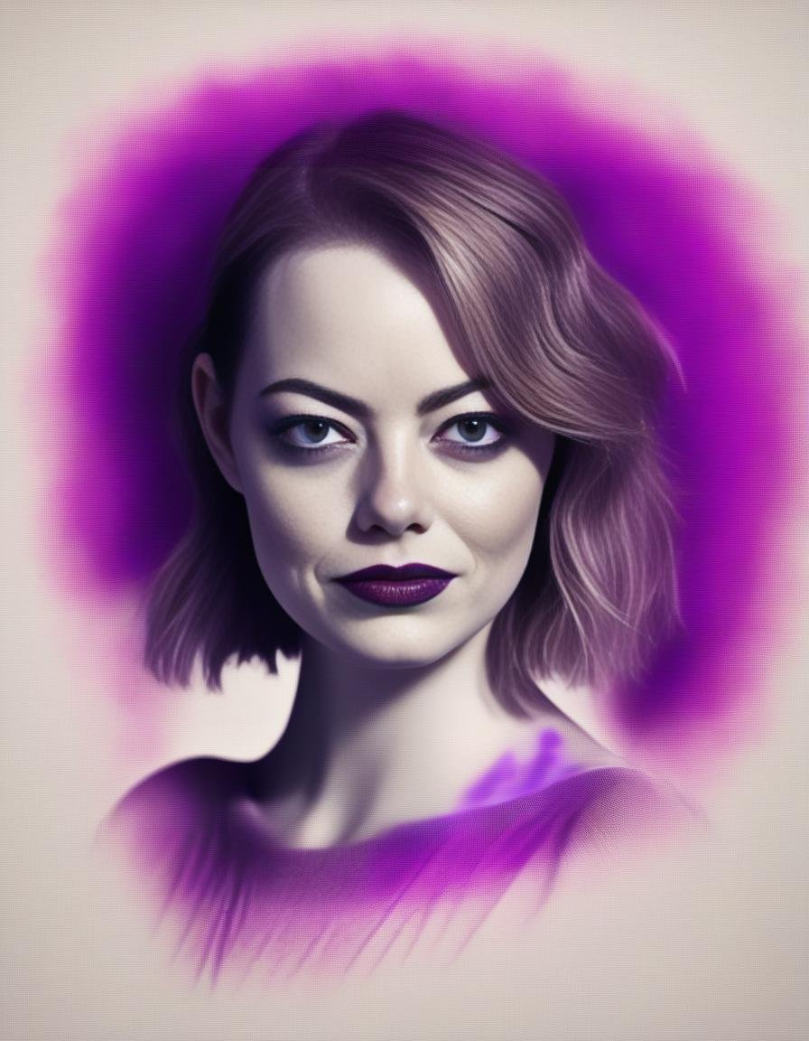 EmmaStone, art by Anatoly Metlan, photograph, Empire Female of Tranquility - Minotaur, 🤩, Horror, Prehistoricore, Bloom light, film grain, Hasselblad, Fish-eye Lens, Calotype, electric purple and Magenta details, Plain white background,  <lora:EmmaStoneSDXL:1>