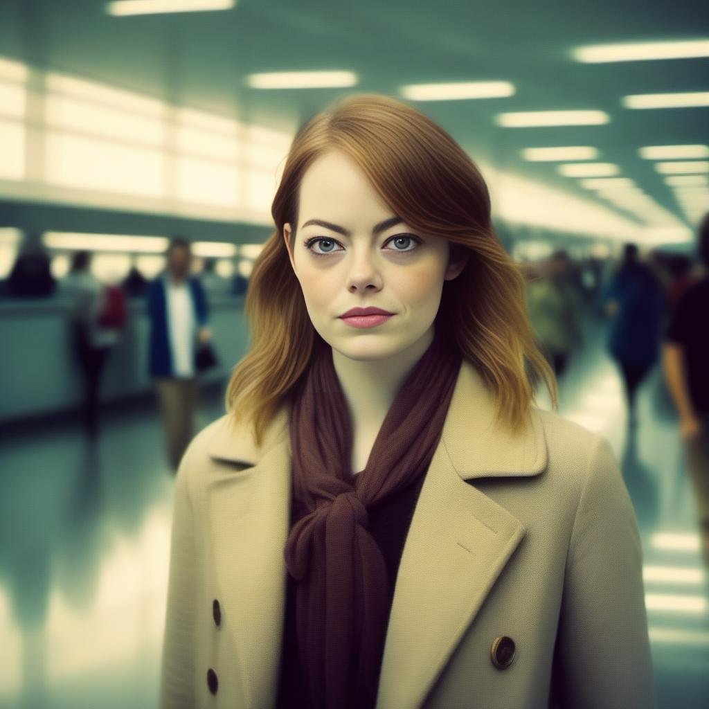 EmmaStone, [ (art by Jules Breton:1.1) | (art by Balcomb Greene:1.1) ], photograph, Woman, wearing clothes designed by Nike, inside of a Airport, split diopter, Romantic, film grain, Samsung Galaxy, Zoom lens, Lomography, arcane,  <lora:EmmaStoneSDXL:1>