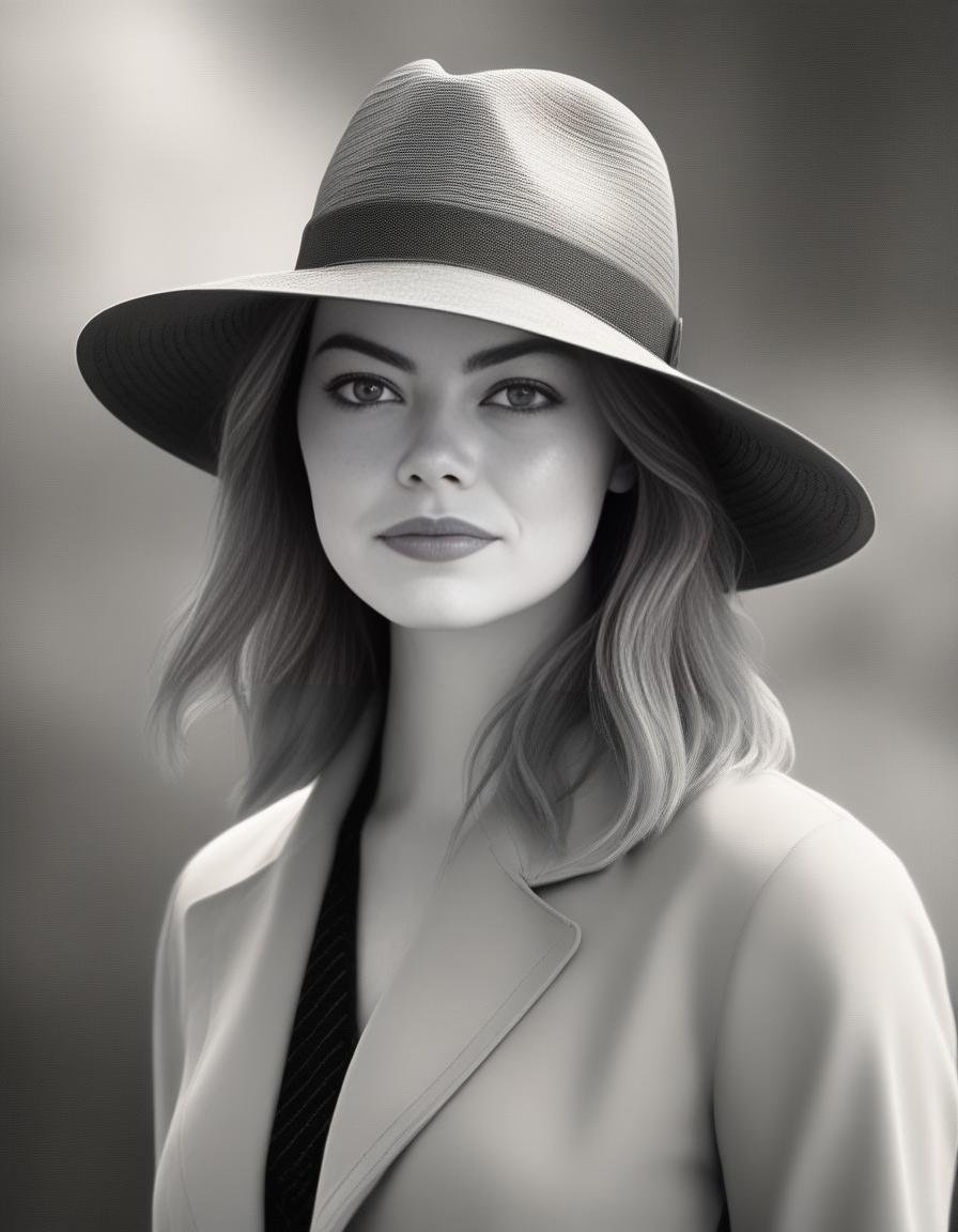 EmmaStone, art by Fan Ho,art by Erin Hanson, photograph, New Wave Female, wearing Refined Masai Carbon fiber copper Panama hat, Gray Long layers hairstyle, Stormy weather, Fine art, Canon eos 5d mark 4, L USM, highly detailed,  <lora:EmmaStoneSDXL:1>