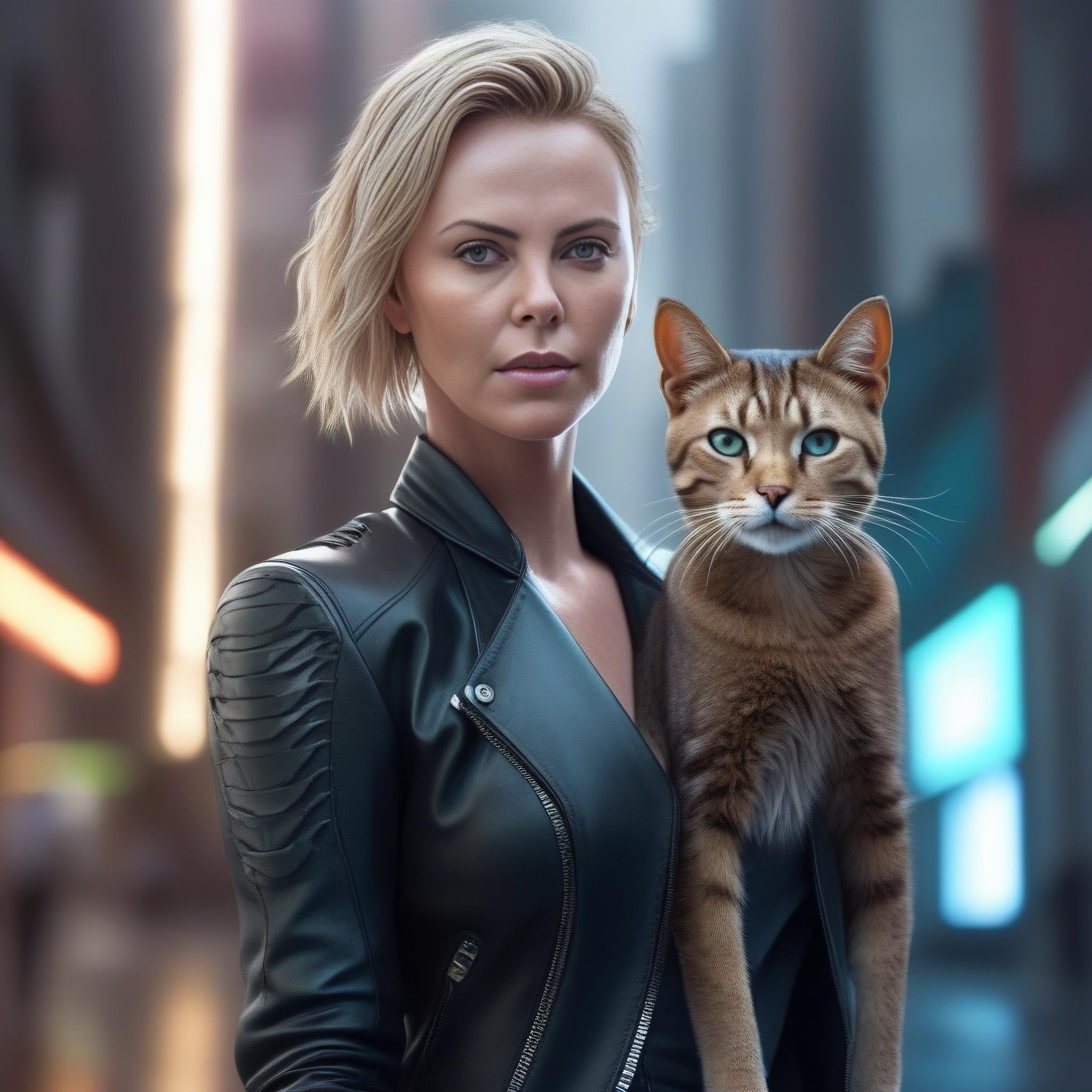 CharlizeTheron,<lora:CharlizeTheronSDXL:1>,portrait,female, beautiful face and wearing leather jacket by Stanley Artgerm Lau highly detailed intricate elegant dramatic lighting lithe bodyshot android robot in sci-fi dystopian megaclear cyberpunk city street at night neon light. Trending on artstation HQ deviantart octane render ultra photorealistic hyperdetailed Unreal Engine 4k 8K HD illustration digital painting concept volumetric lightning cinematic composition with character from the movie The Leonardo Wars film (2077) as a cat girl holding an umbrellagirl cosplay pose standing next to her small cute humanoid alien creature looking into camera portrait shot of dress upsl