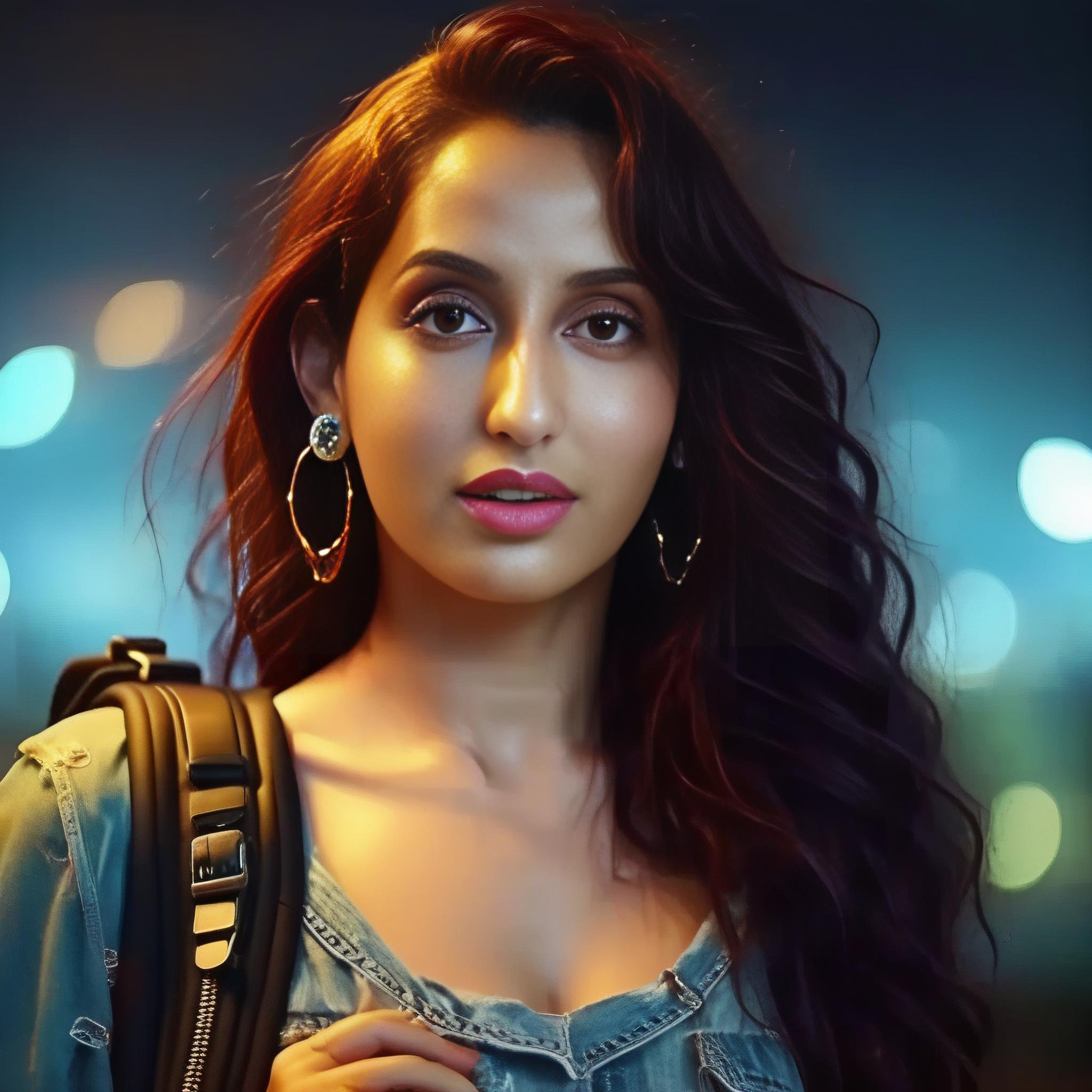 NoraFatehi, portrait, majestic,close up of a Hopeless Woman, [Realistic:Trendy:15] Mechanical Body Parts, Handsome Backpack, Moon in the night, Grim, dramatic lighting, F/2.8, triadic colors,  <lora:NoraFatehiSDXL:1>