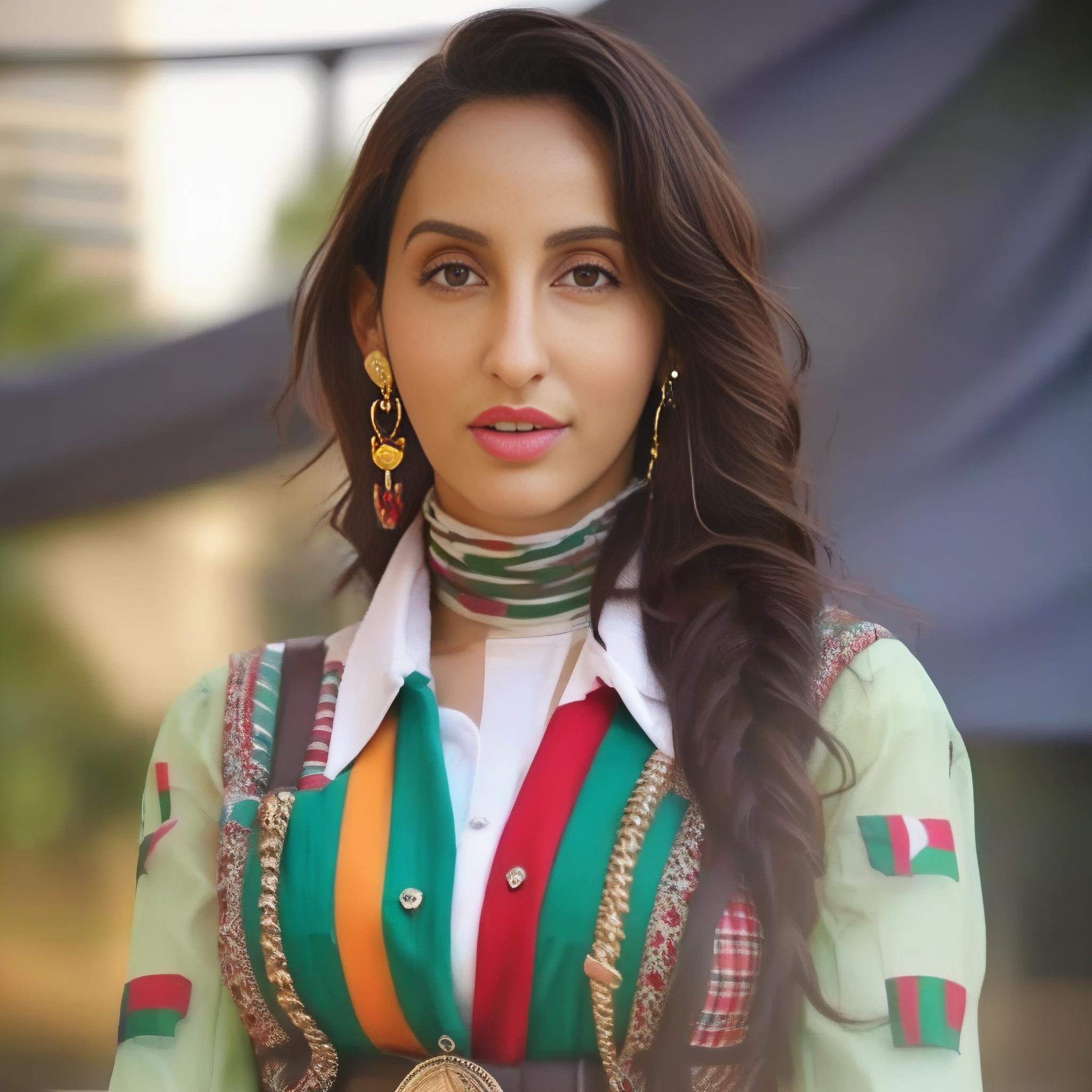 NoraFatehi, portrait,close up of a Asymmetrical Female, wearing Palestinian Preppy clothing, Dull Buckles, Shoulder pads, fairy tale, triadic colors,  <lora:NoraFatehiSDXL:1>