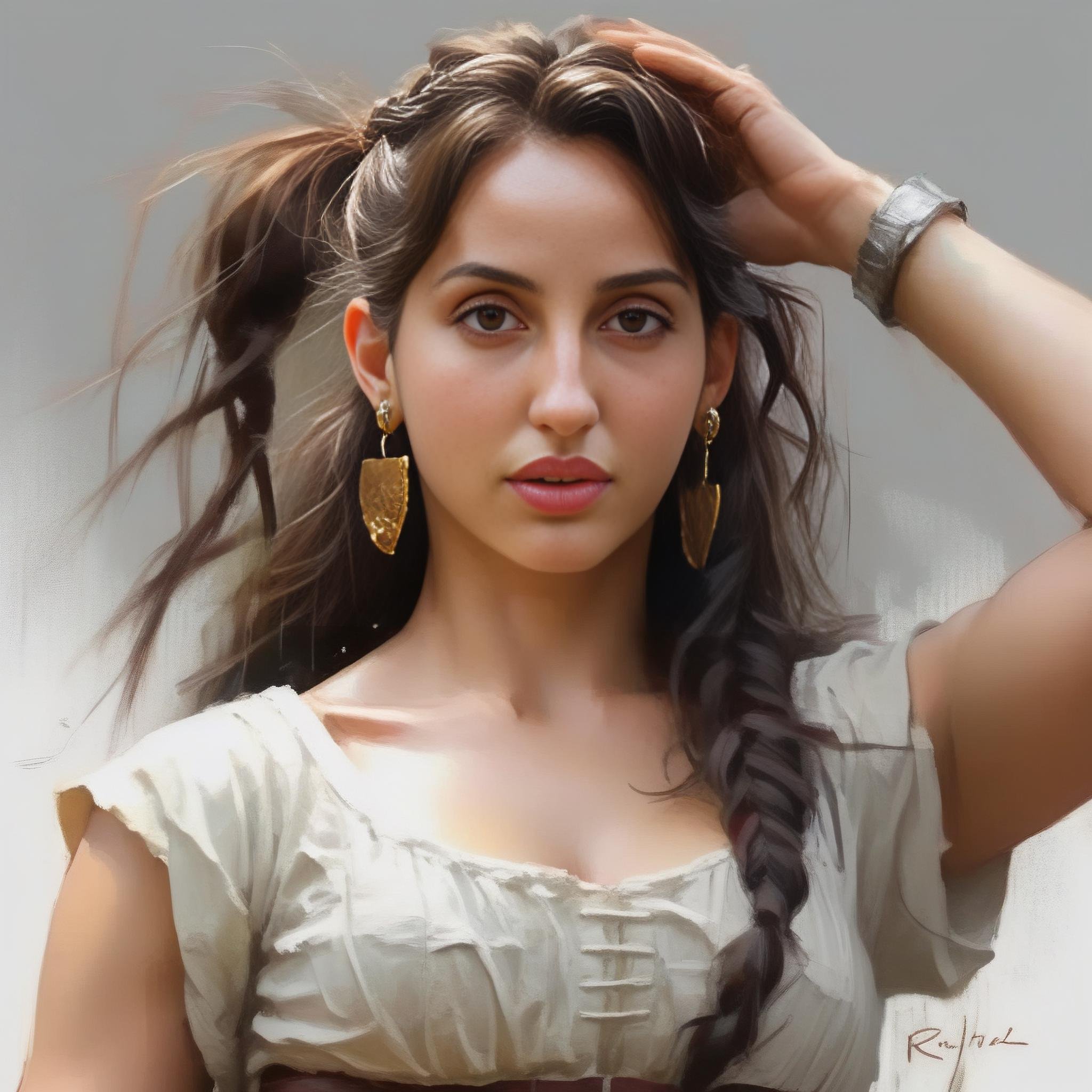 NoraFatehi, portrait,close up of a Elastic Greco-Roman Girl, Action pose, Detailed illustration, Regret, Cutester Art, UHD, [ (art by Ruan Jia:1.0) ,art by John Constable:5],  <lora:NoraFatehiSDXL:1>